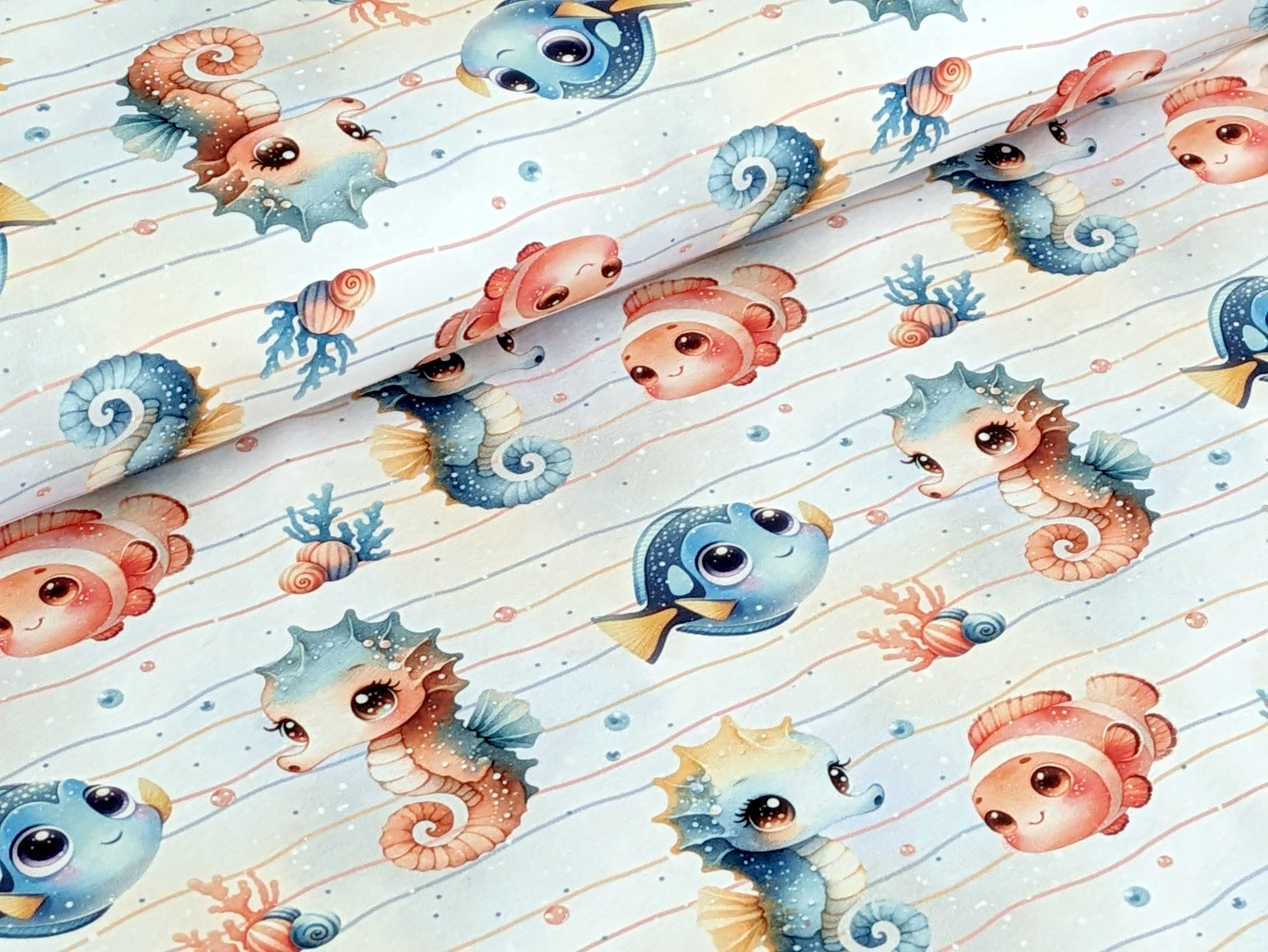 Corileo Stoff Eigenproduktion Baumwolljersey See Bewohner Seepferdchen Fische