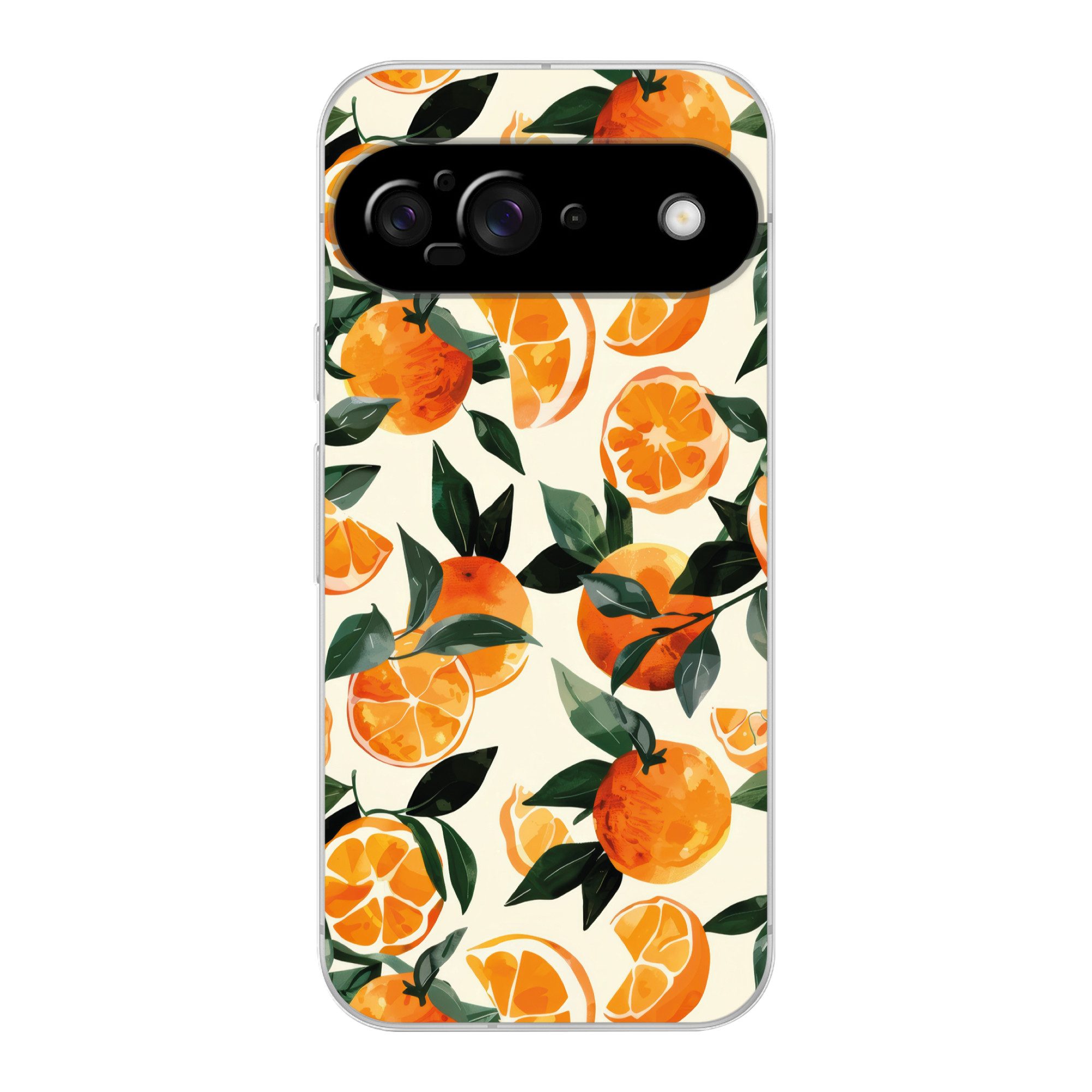 MuchoWow Handyhülle für Google Pixel 9 Orangen - Früchte - Blätter - Orange - Grün - Beige, Handy Case, Silikon, Bumper Case Dünn