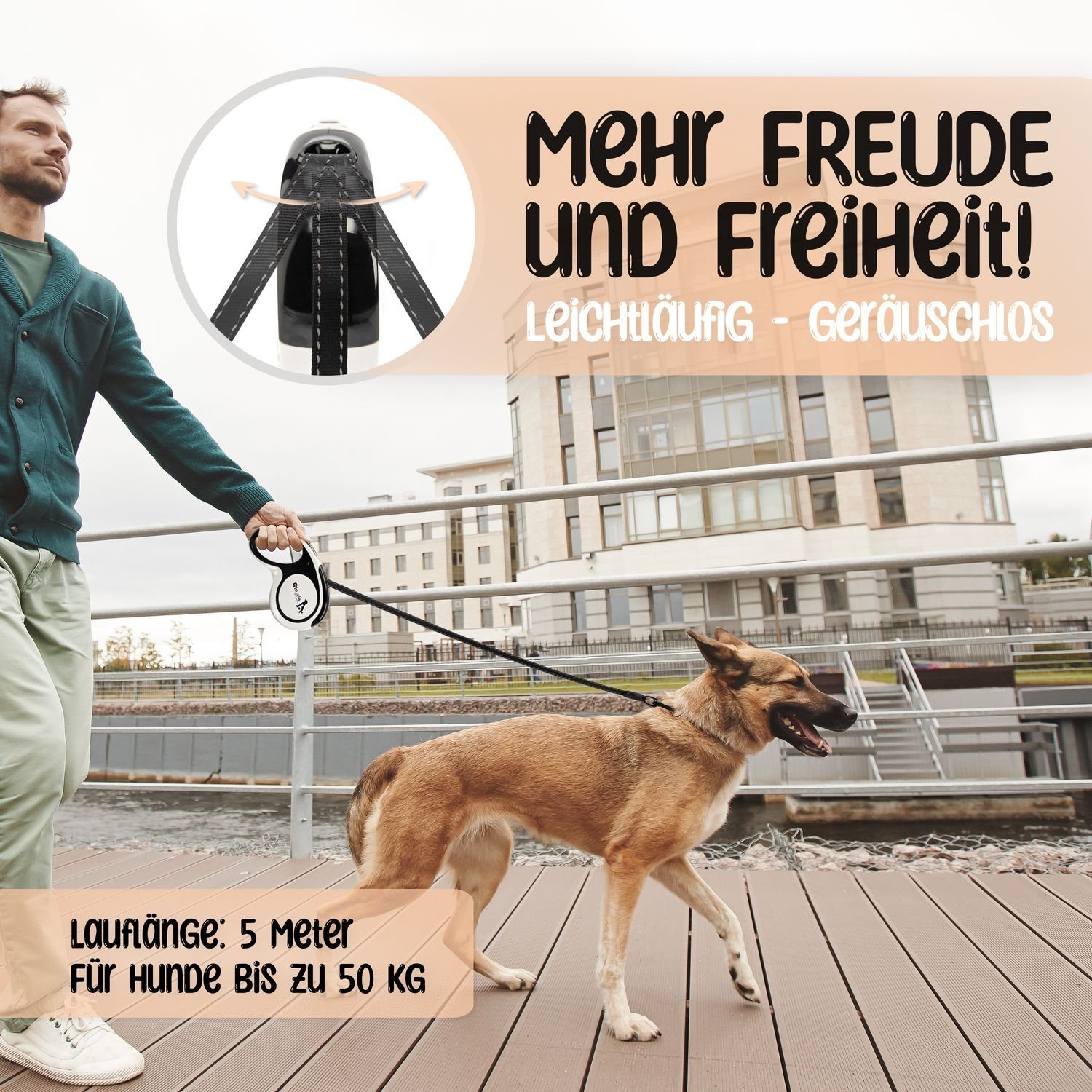 Bluzelle Rollleine, ABS Kunststoff, Nylon, Mittlere & Große Hunde bis 50kg / Reflektor-Gurt / Einhand-Bremssystem