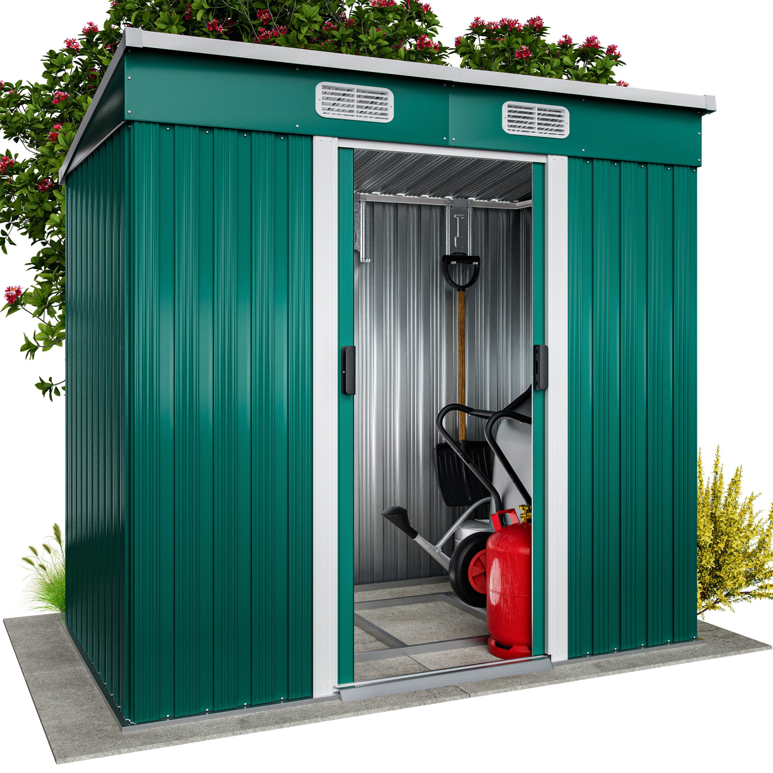 Gardebruk Gerätehaus, BxT: 122x196 cm, L Metall 2m² mit Fundament 196x122x182cm Schiebetür Grün