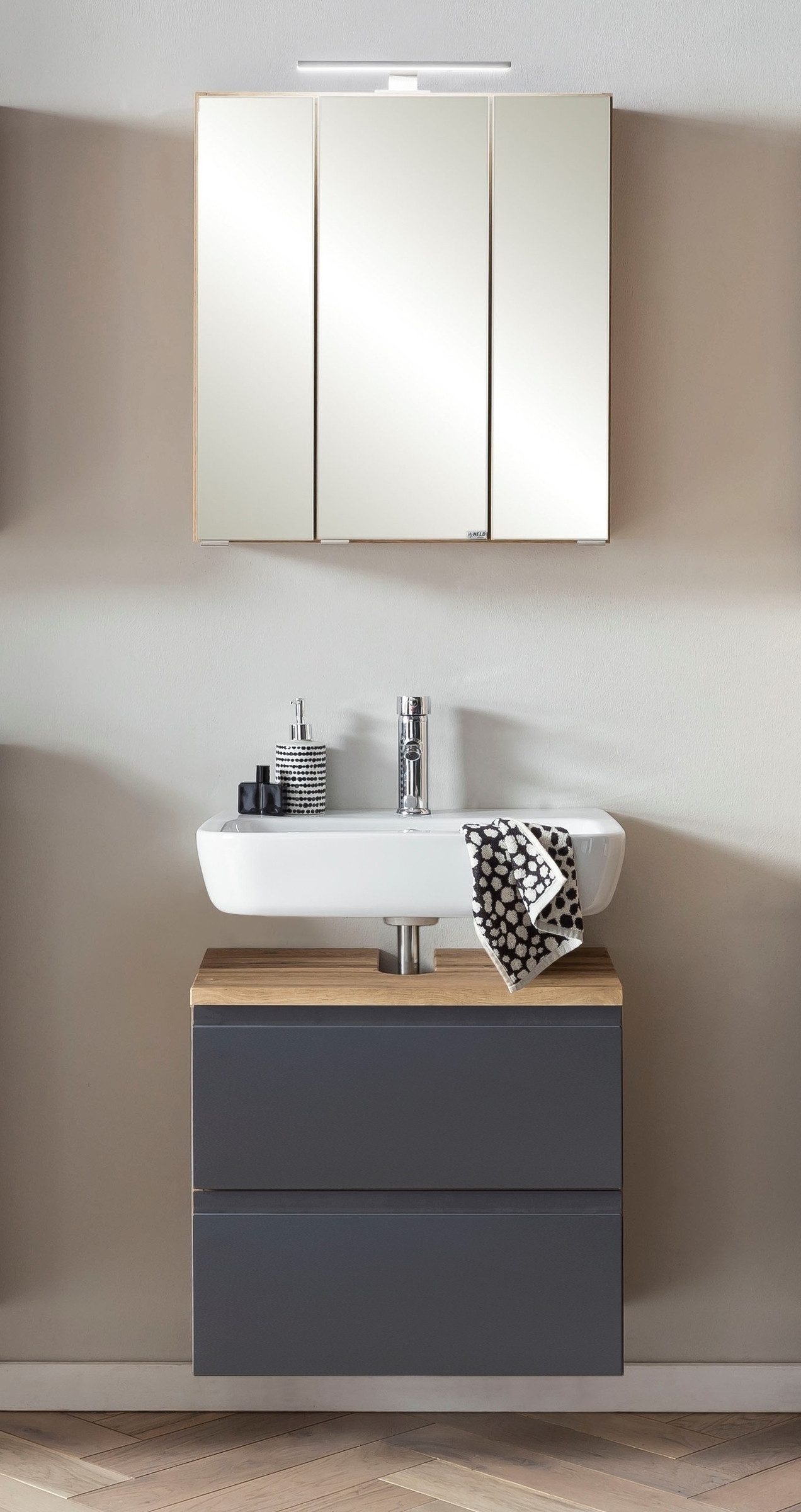 HELD MÖBEL Badmöbel-Set (2-teilig) in grau / Wotaneiche-Dekor - 60x195x35cm (BxHxT), (2-teilig)