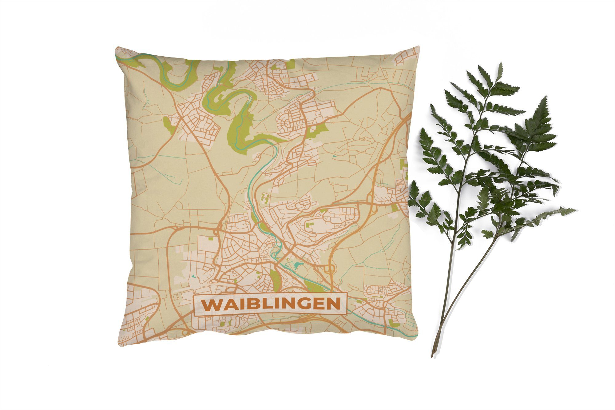 MuchoWow Dekokissen Waiblingen - Karte - Vintage - Stadtplan, Zierkissen mit Füllung für Wohzimmer, Schlafzimmer, Deko, Sofakissen