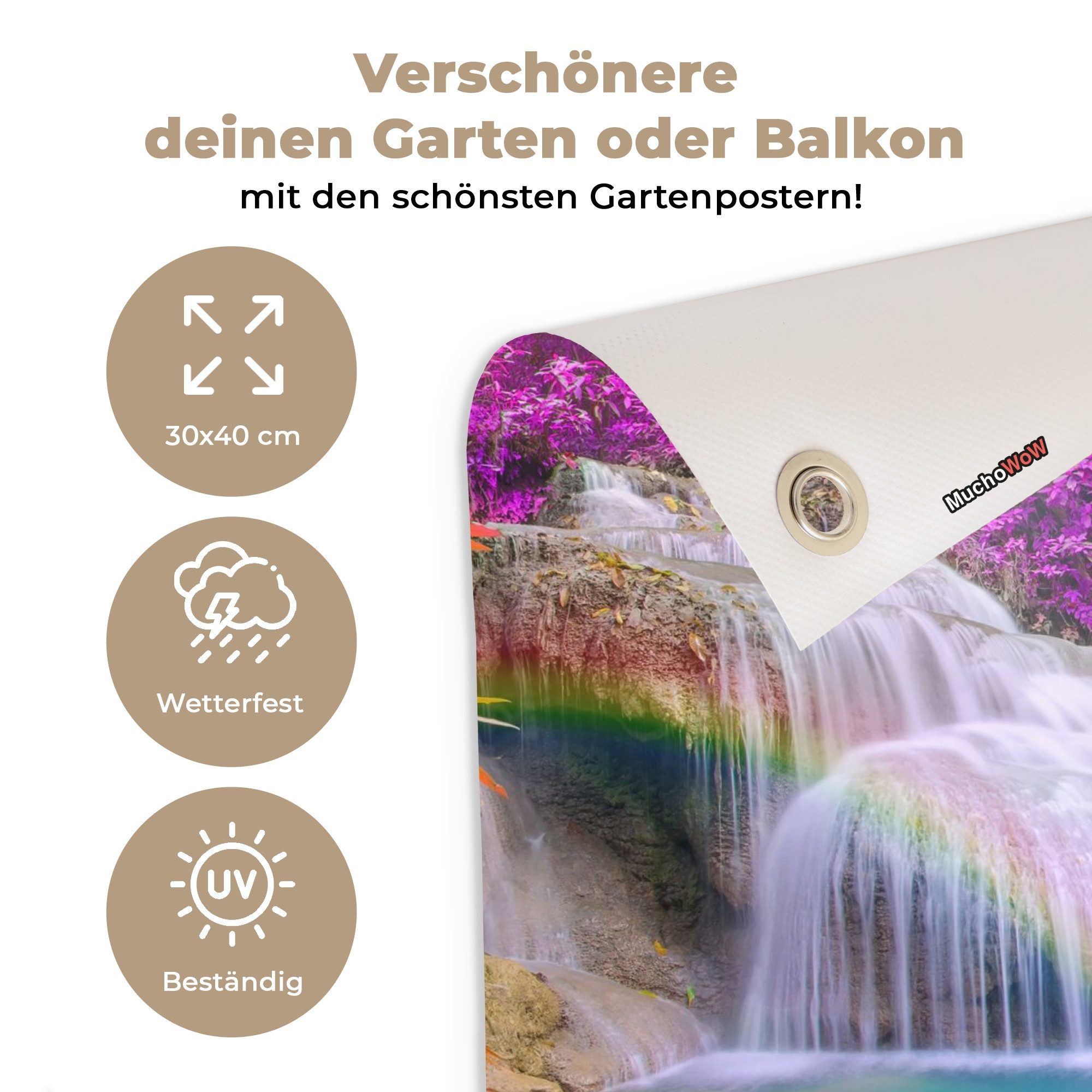OnlyWow Poster für Garten Wasserfall - Bäume - Regenbogen - Lila, Gartenposter, Outdoor Bilder, Gartendeko für draußen, 30x40 cm