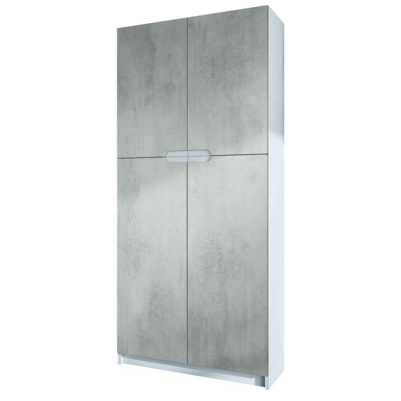 Vladon Aktenschrank Logan (Aktenschrank, mit 5 Fächern und 4 Türen) Weiß matt/Beton Oxid-Optik (82 x 185 x 37 cm)