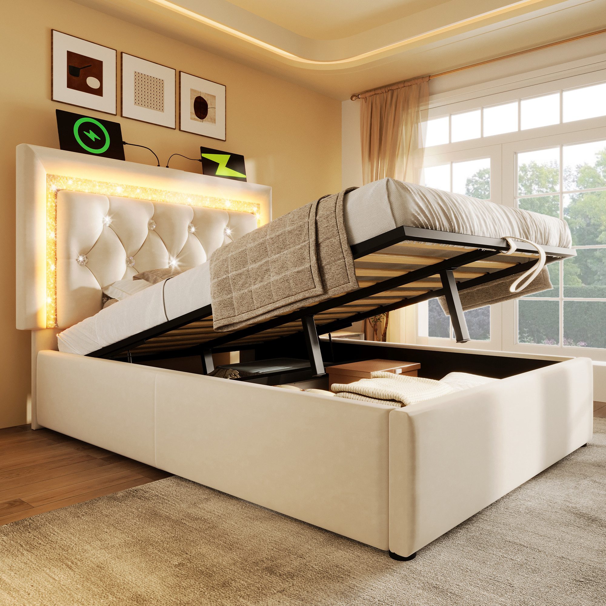Flieks Polsterbett, Hydraulisches Stauraumbett 90x200cm mit LED-Diamantband & Ladestation
