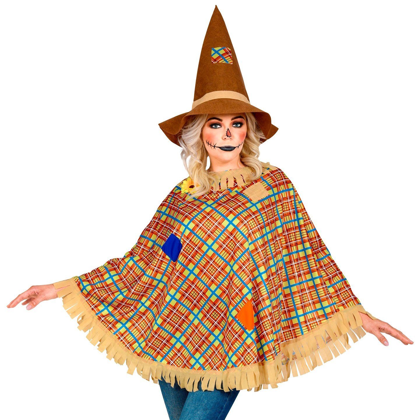 Fun World Kostüm Vogelscheuche Poncho - Fasching Halloween Kostüm U, Leichter Überwurf für freundliche Vogelscheuchen