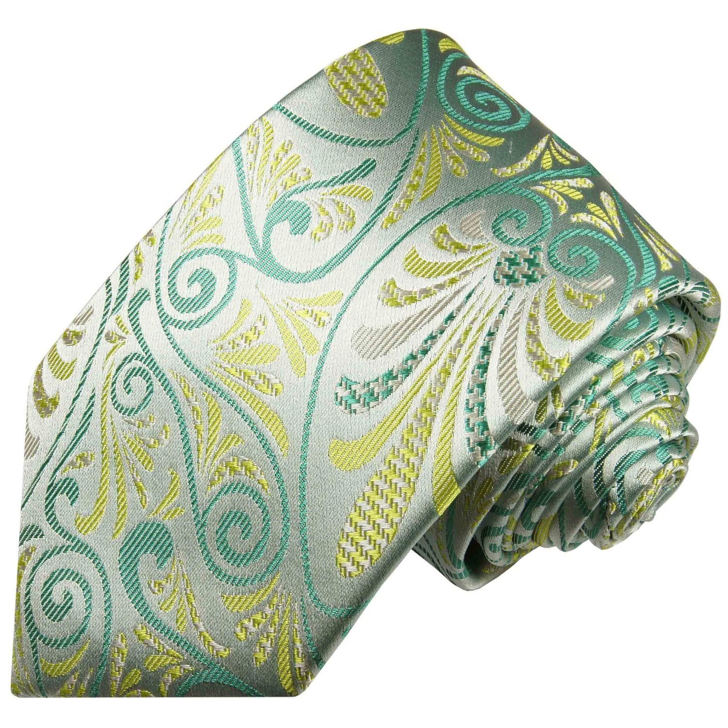 Paul Malone Krawatte Designer Seidenkrawatte Herren Schlips modern bunt floral 100% Seide Schmal (6cm), gelb grün 491