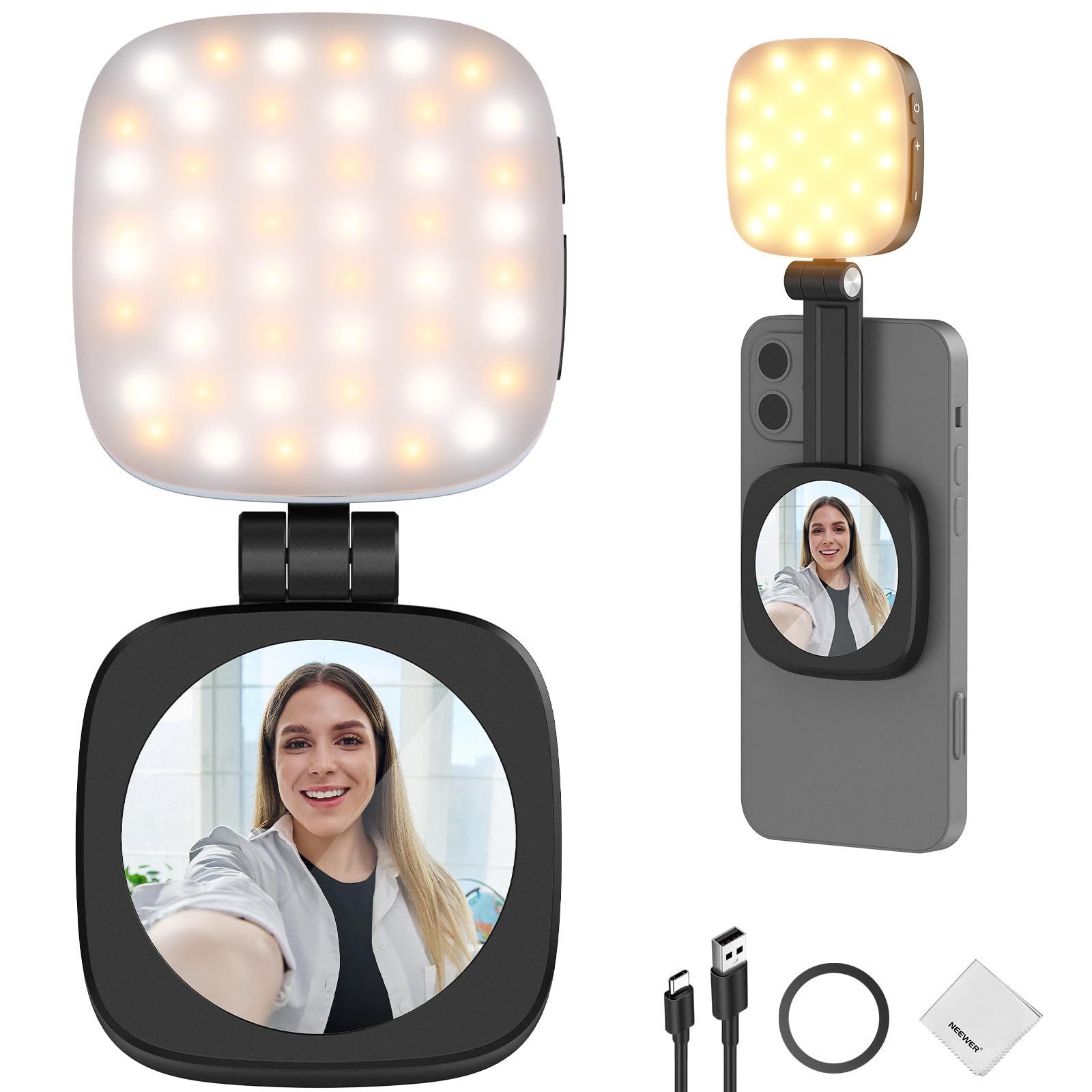 Neewer Videoleuchte NL48B MagSafe Selfie Light für iPhone mit Spiegel & Reinigungstuch, passt an Smartphones,Tablets oder PCs