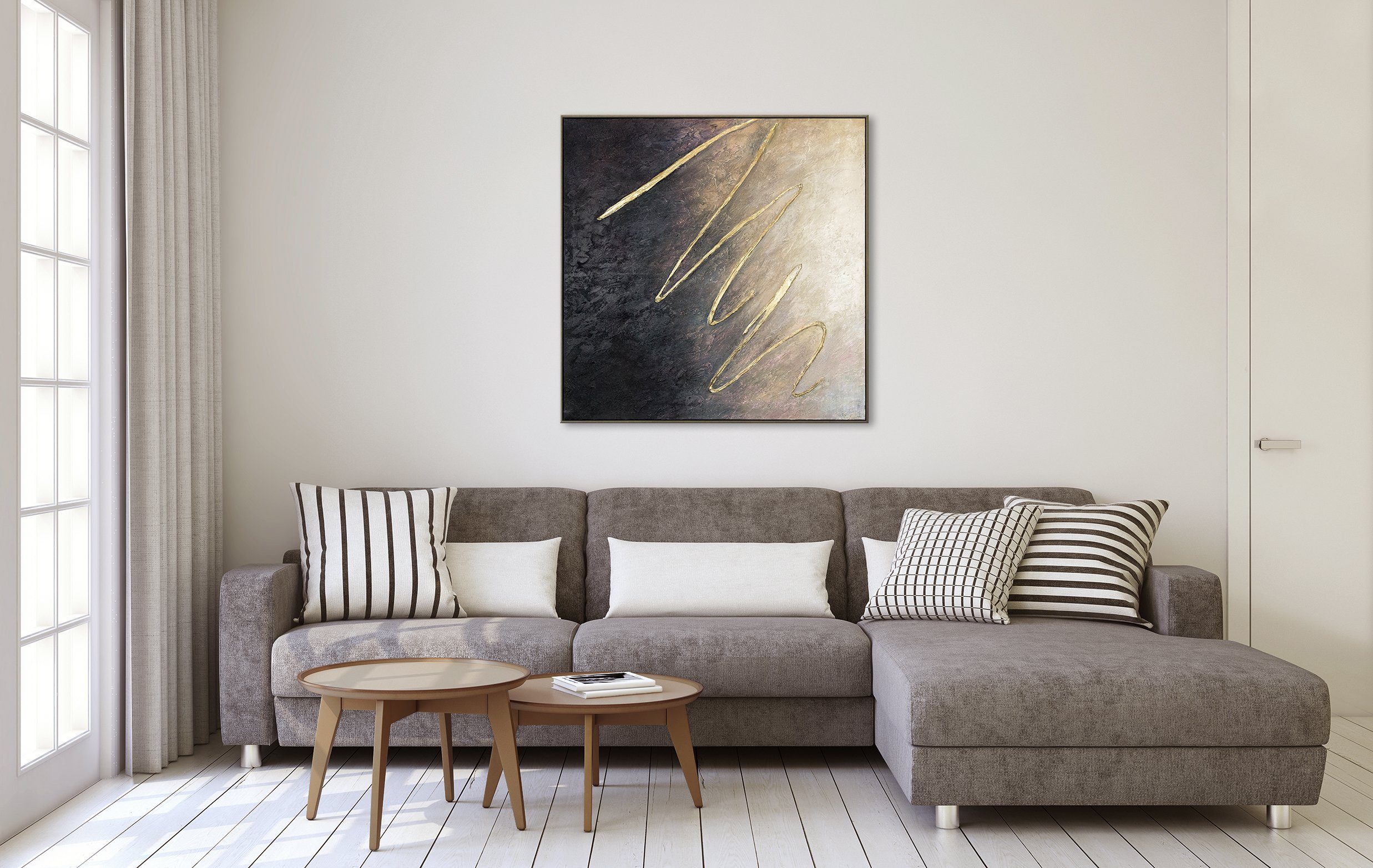 YS-Art Gemälde Zwischen den Sternen, Abstrakt Quadratisch Leinwand Handgemalt Bild Rahmen Gold mit