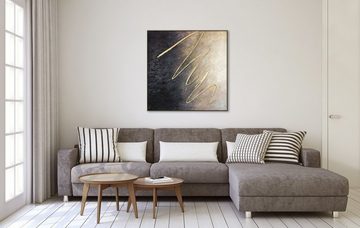 YS-Art Gemälde Zwischen den Sternen, Leinwand Bild Handgemalt Abstrakt Gold Quadratisch mit Rahmen