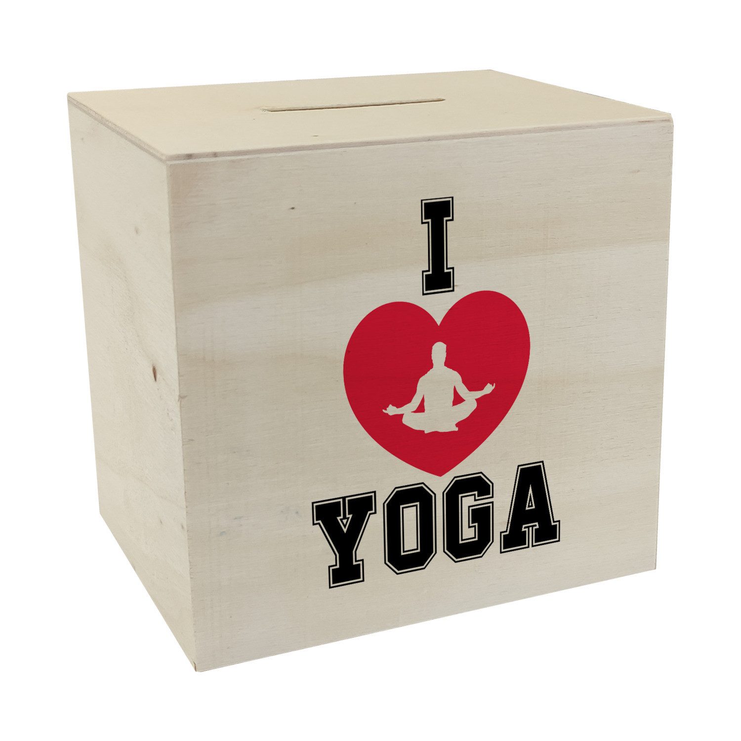 Spardose I love Yoga Spardose aus Holz in Weiß für Yogalehrer