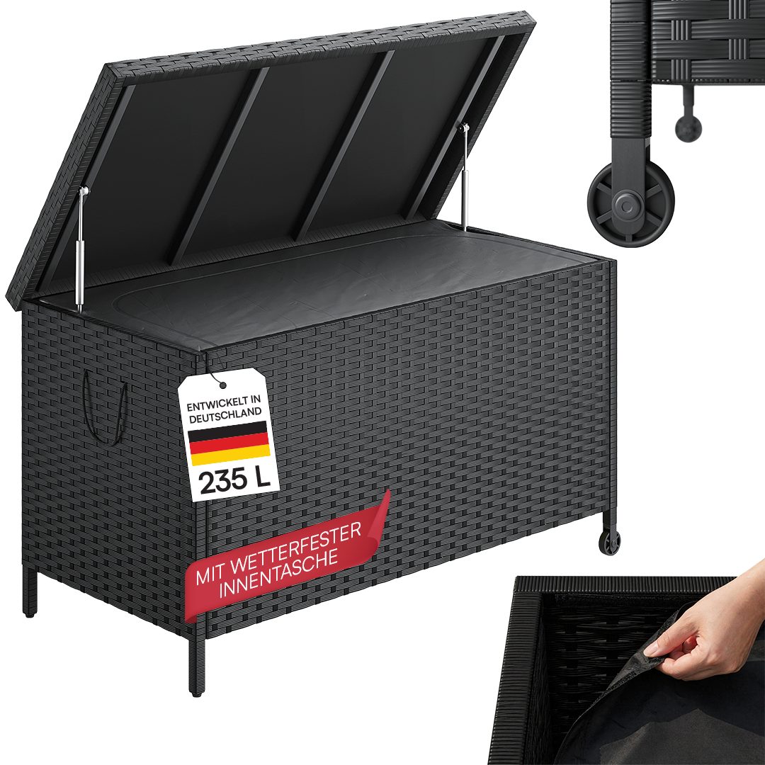 STEELSØN Aufbewahrungsbox Serion Gartenkiste aus Polyrattan (schwarz, 110 x 55 x 60 cm, mit Rollen), herausnehmbare Innenplane, wetterfeste Gartenbox mit Metallgestell