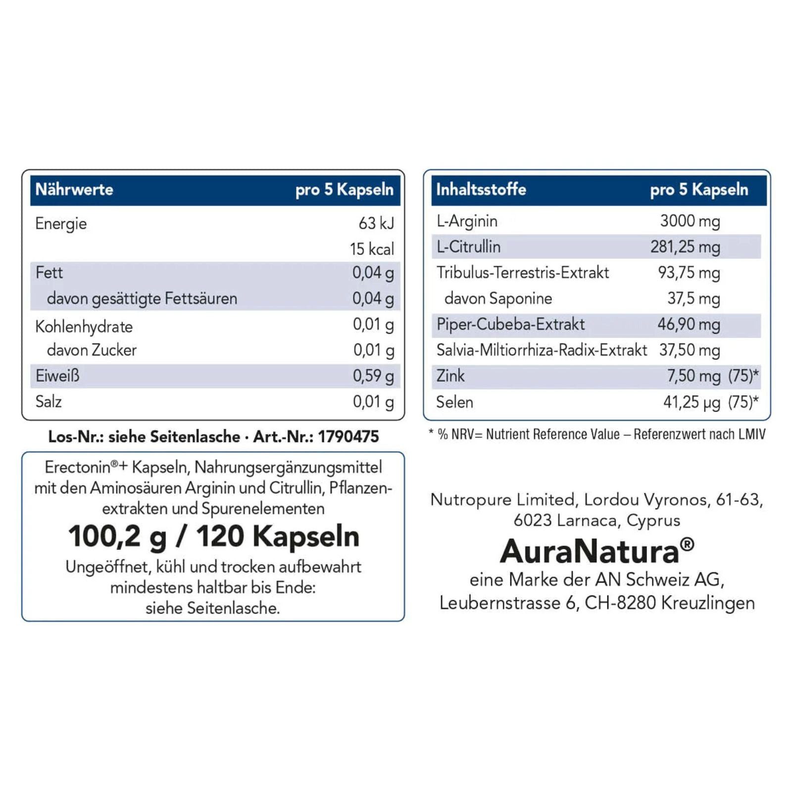 Aura Natura Erectonin Plus, L-Arginin Kapseln mit L-Citrullin, Zink & Selen Kapseln