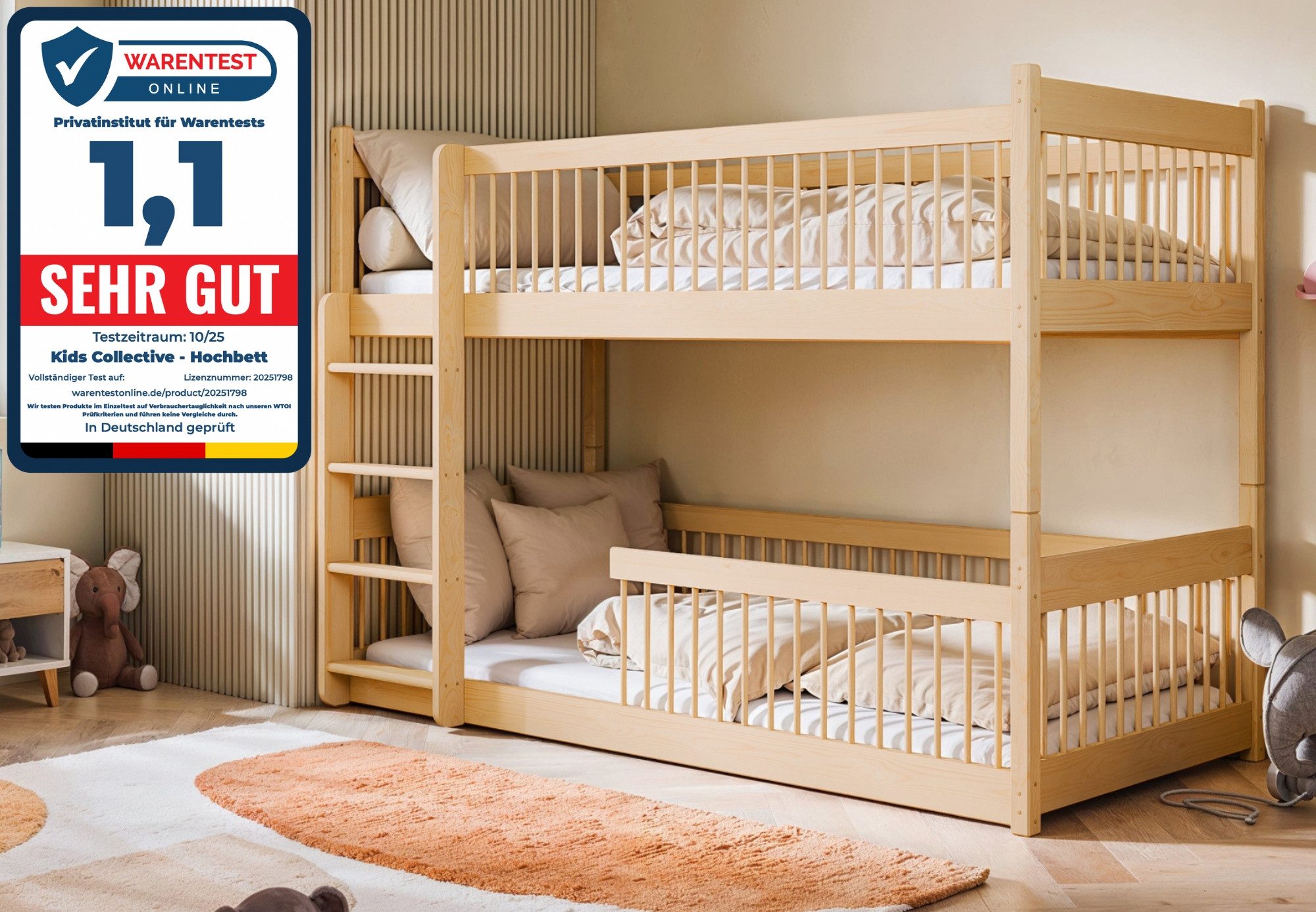 Kids Collective Kinderbett Hochbett Etagenbett 80x180, 90x190, 90x200 cm, umbaubar zu 2 Betten​ (mit abgerundeten Kanten), 90x190 cm von 4. bis 18. Lebensjahr, Natur mit 2 Matratzen​