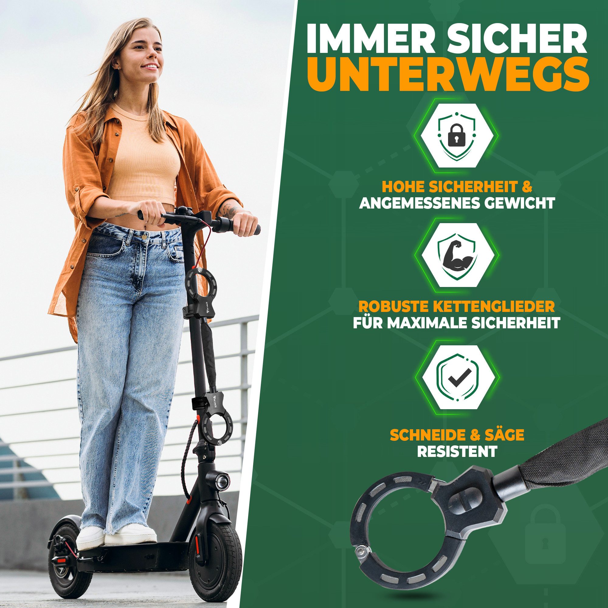 MIVELO Kettenschloss Handschellenschloss für E-Scooter & Fahrrad mit Schlüssel, inkl. Halterung – Bild 4 von 5
