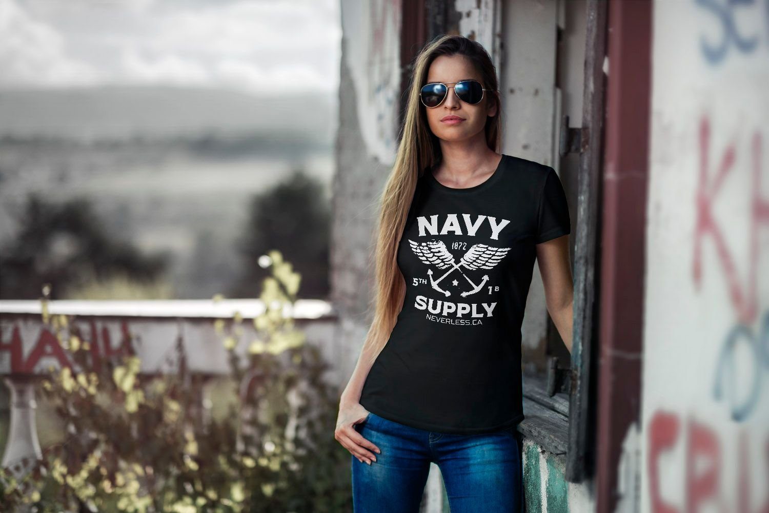 Damen Shirts Neverless Print-Shirt Cooles Damen T-Shirt Nautical Maritim Anker Flügeln Navy Supply Vintage Neverless® mit Print
