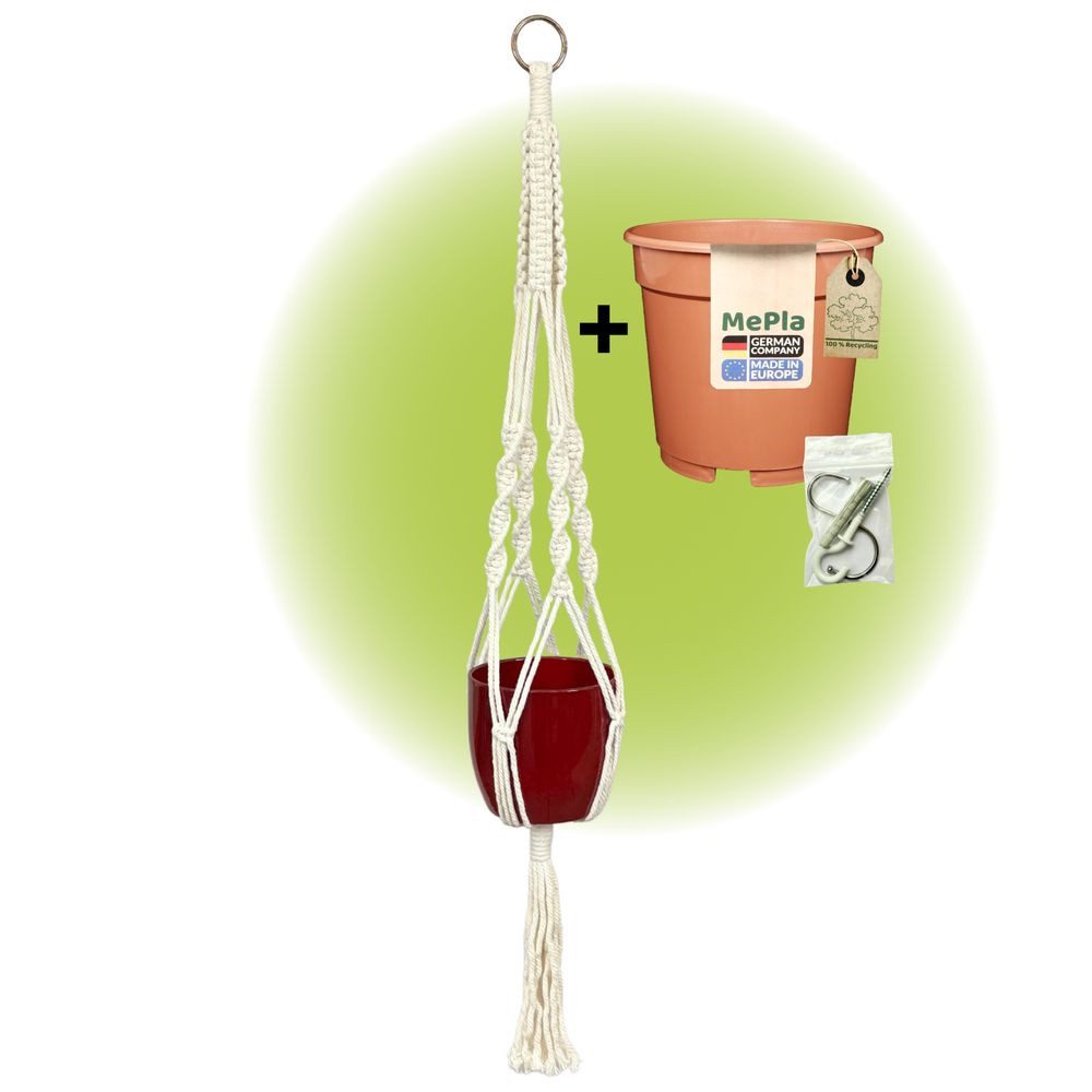 Heimwerkercenter Übertopf MePla Set Ampel Makramee Naturbeige + Basel ø13 Bordeaux + Kulturtopf