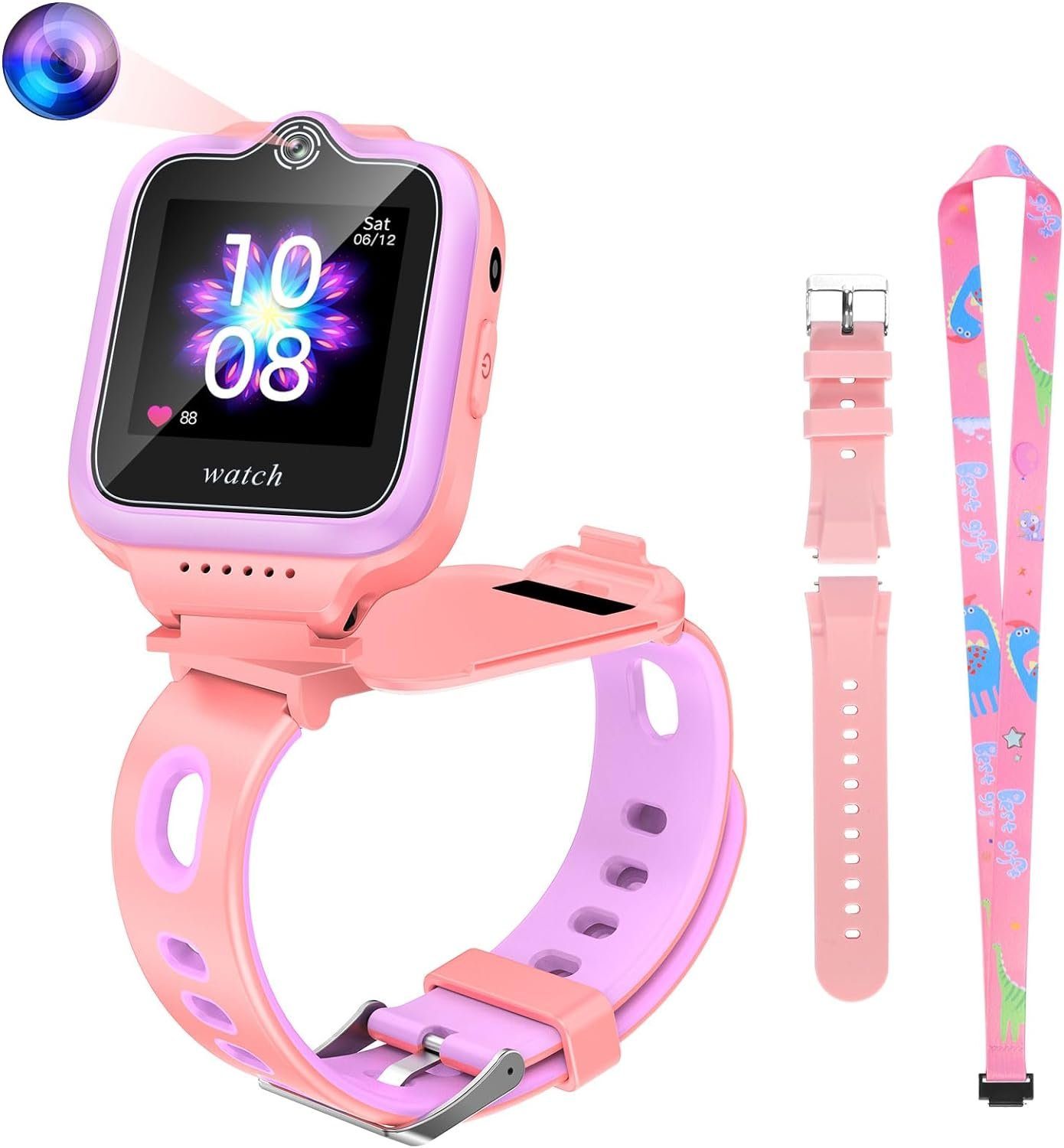 OKYUK für Jungen und Mädchen 5–14 Jahren Smartwatch (1.4 Zoll, Android /  iOS), mit 4G WiFi Videoanruf, Kamera, SOS Schulmodus GPS Telefonmit Halsseil