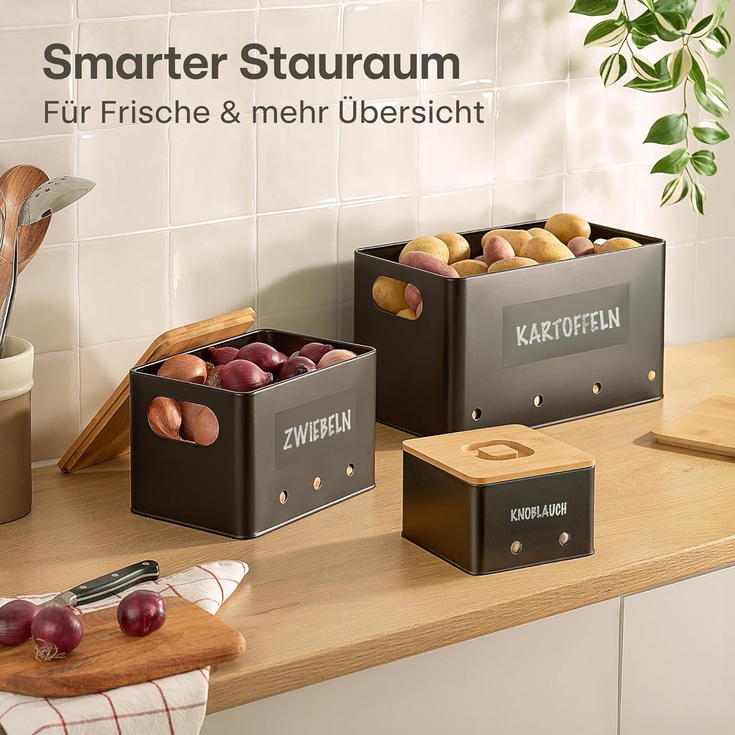 Praknu Vorratsdose Kartoffel Aufbewahrungsbox 3er Set - Mit Belüftung für längere Frische, Eisen, FSC® Bambus, (Aufbewahrungsbox-Set, 7-tlg., 3 Boxen inkl. Zubehör), Stapelbar, Nachhaltig, Mit FSC® Bambusdeckel, Mit Etiketten & Stift