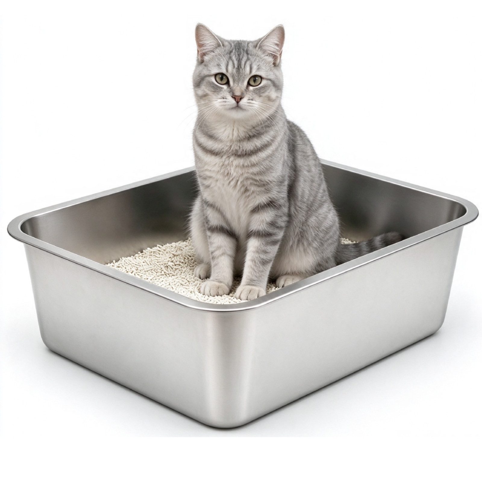 SunJas Katzentoilette Edelstahl Katzenklo 44,5 x 34,5 x 14 cm Groß offenes Katzenklo, Geruchsneutral, leicht zu reinigen. Geeignet für Katzen, Kaninchen