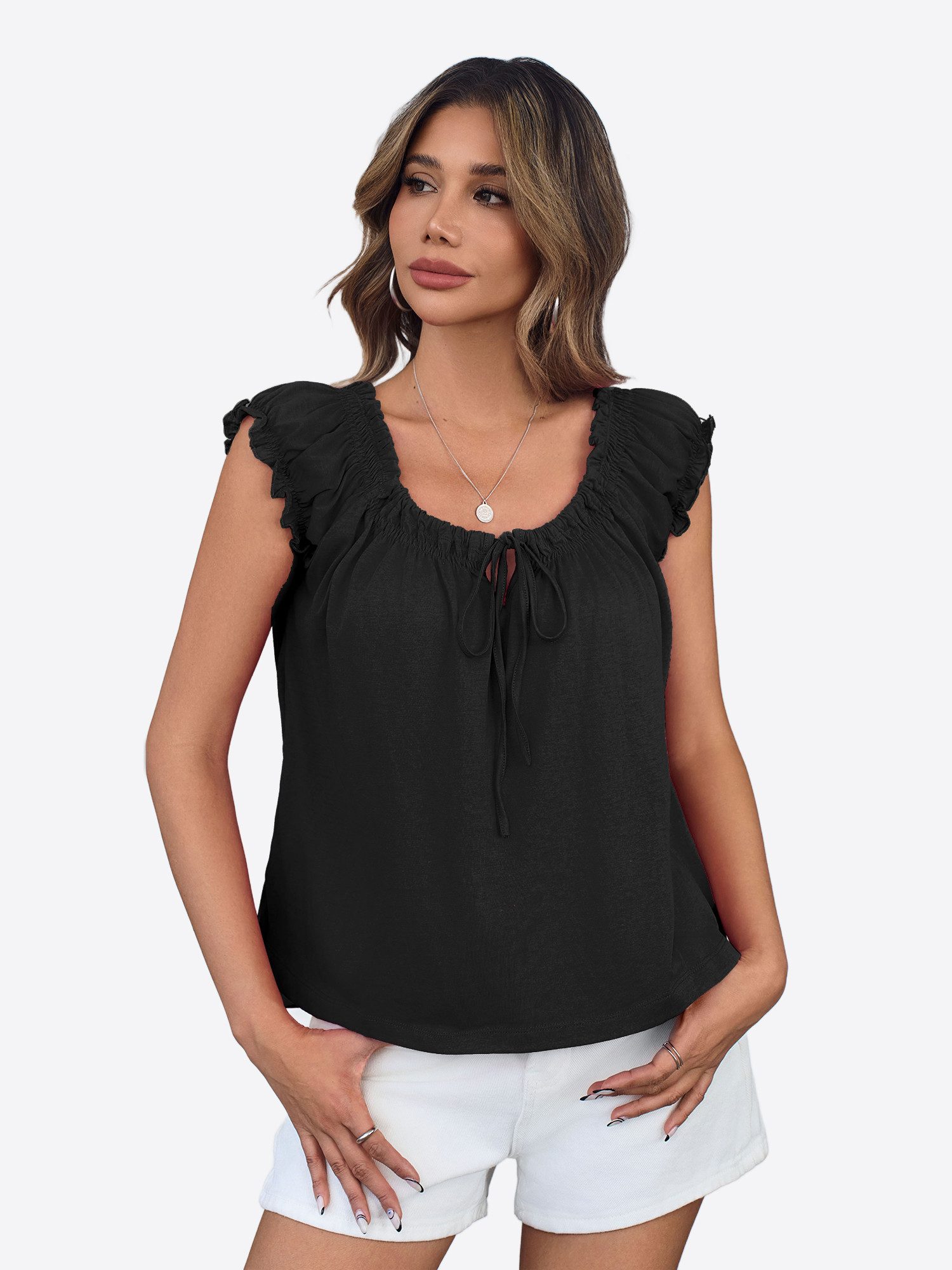 Imily Bela Babydolltop Damen Sommertop mit Puffärmeln und Bindeband vorne (Packung, 1-tlg., 1per-Pack) einfarbig