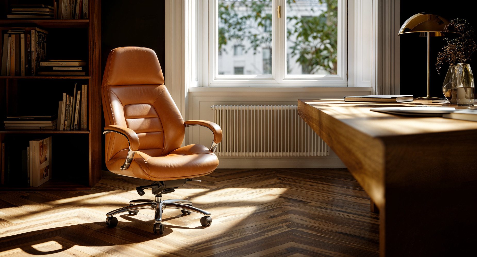 KADIMA DESIGN Chefsessel Designer Bürostuhl Bezug Echtleder Caramel Schreibtischstuhl bis 120 (kg, XXL Design Chefsessel höhenverstellbar, Drehstuhl ergonomisch mit), Armlehnen & hoher Rückenlehne, Wippfunktion