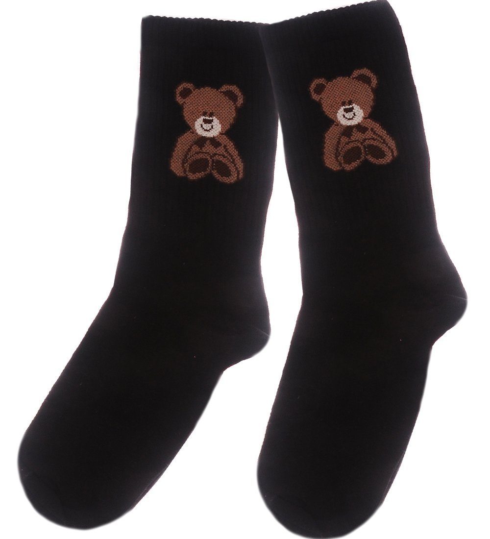 Socken Freizetsocken in Schwarz socks gerippt 1 Paar Strümpfe mit Bären