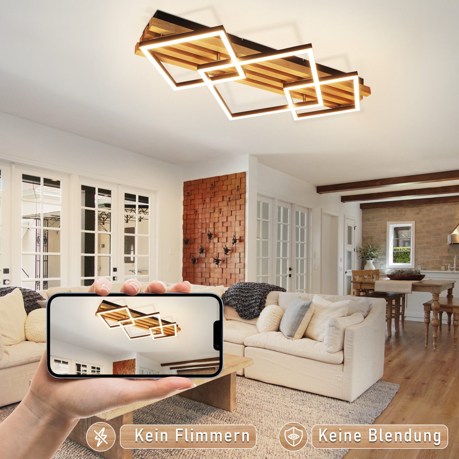 Nettlife LED Deckenleuchte Dimmbar Holz 2/3/4 Ringe Modern Deckenlampe Wohnzimmer, LED fest integriert, 46W 71.6*41.6*8.8CM für Schlafzimmer Büro Küche – Bild 3 von 5