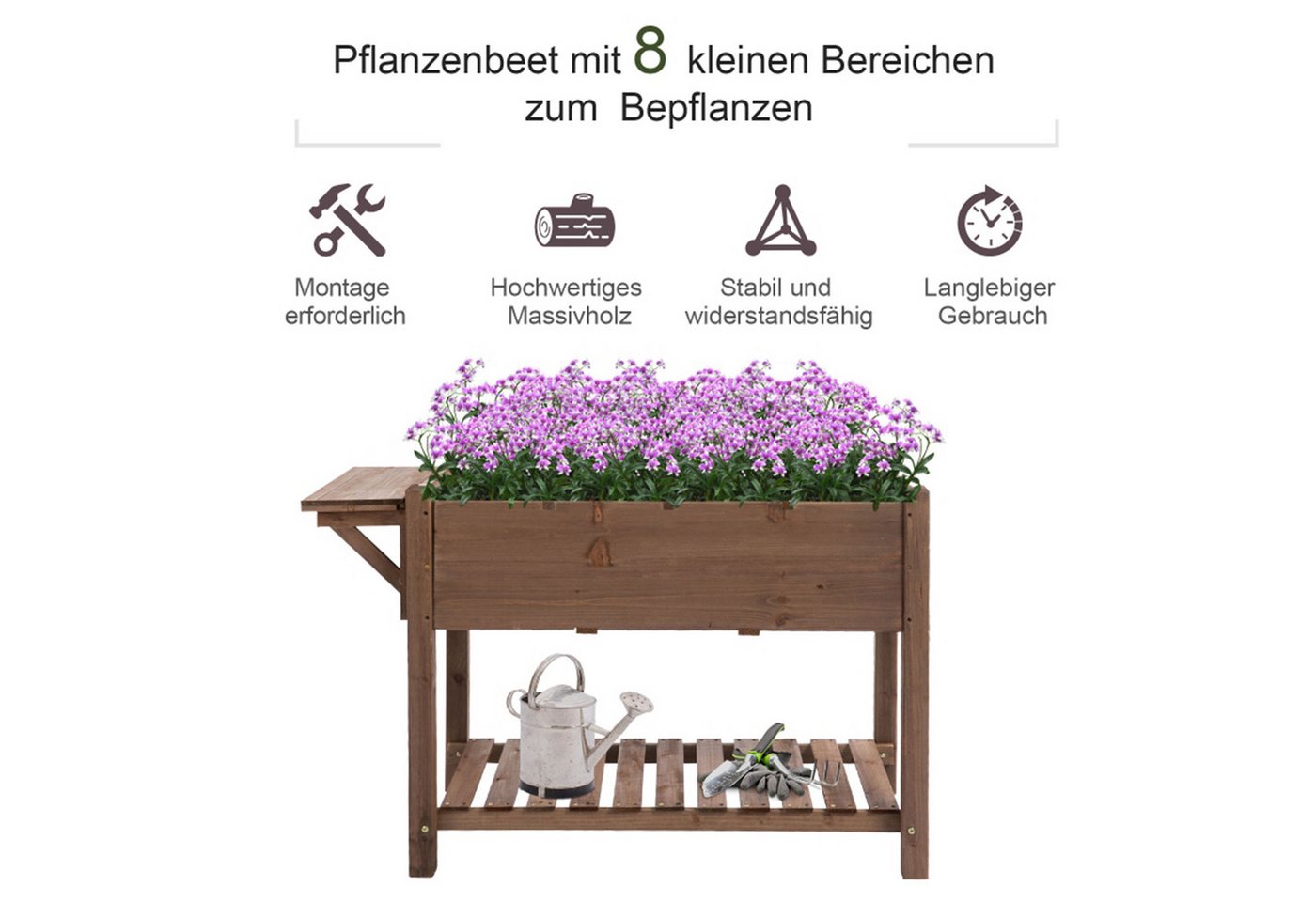 Thumbnail - MC Star Hochbeet Pflanzkasten 123x54x74cm mit 8 Gittern & faltbarer Ablage aus massivem (Holz in Braun für Garten & Terr...