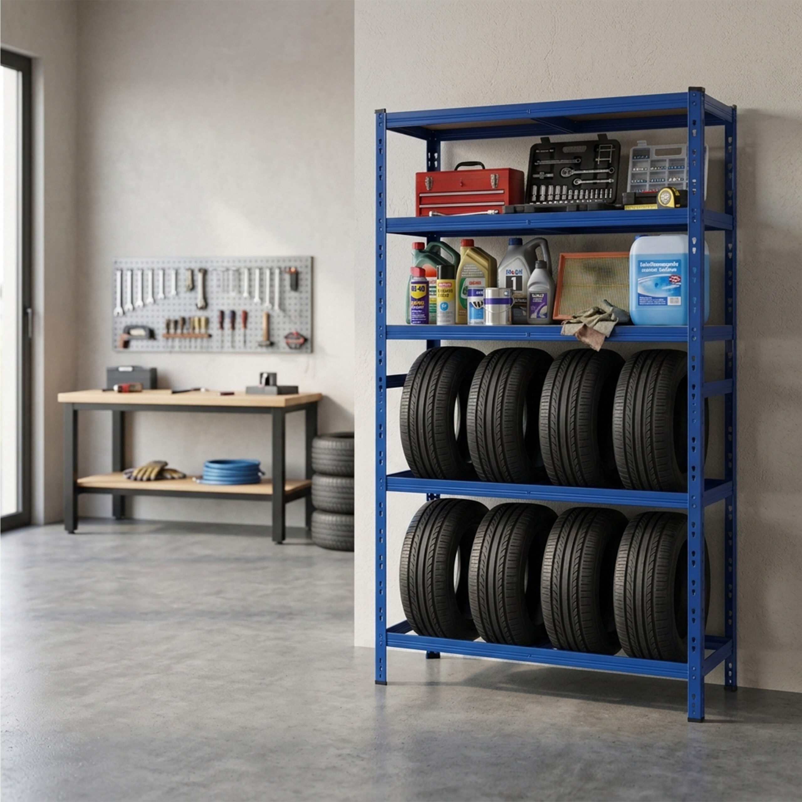 relaxdays Schwerlastregal Reifenregal mit 3 Ablagen, 1-tlg., blau, 8 Reifen – Bild 5 von 5
