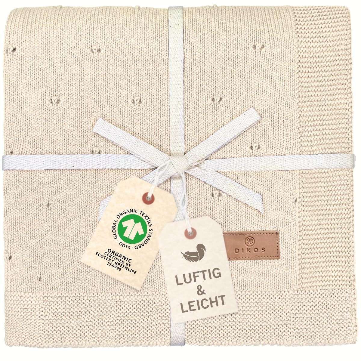 Babydecke DIKOS® Babydecke aus *100%* Bio Baumwolle, Strickdecke, Geschenk, DIKOS, PREMIUM Qualität, 75x100 cm, atmungsaktiv, nachhaltig, kuschelweich