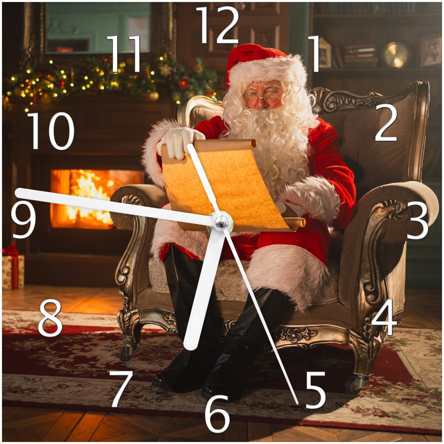 Wallario Wanduhr Der Weihnachtsmann prüft die Liste (Glasuhr)