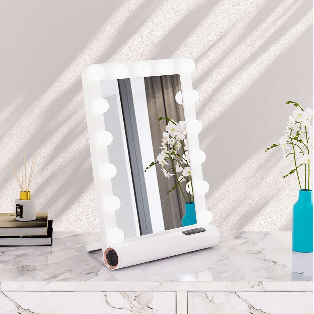 Loevschall Schminkspiegel Anna Hollywood Зеркало mit LED-Beleuchtung & Bluetooth-Lautsprecher (1-St., 55x40 cm, 15 LEDs, 3 Lichtfarben, dimmbar, Touchpanel, 100.000 h), Wand- oder Standnutzung, Memory-Funktion & 30-Min-Autoschalt