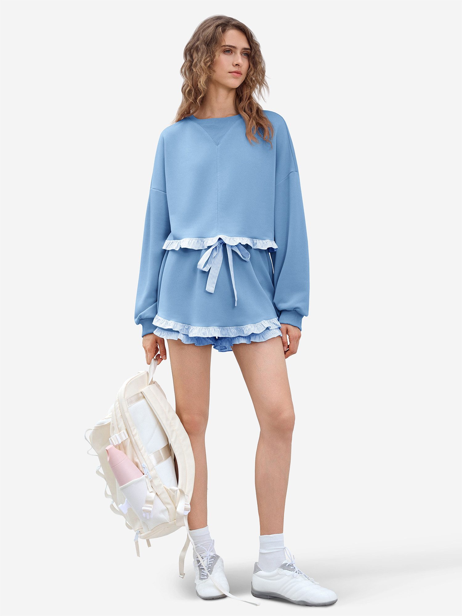 Imily Bela Freizeitanzug Damen 2-teilige Lässige Freizeitset (Set, 2-tlg., Sweatshirt+Shorts), Rüschen Besatzung