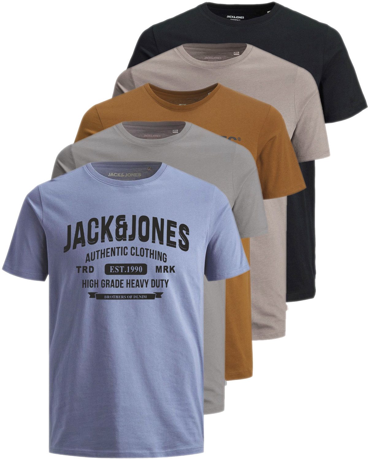 Jack & Jones Print-Shirt Bedrucktes T-Shirt aus Baumwolle (5er-Pack) bequemes Oberteil in Unifarben, Größe L