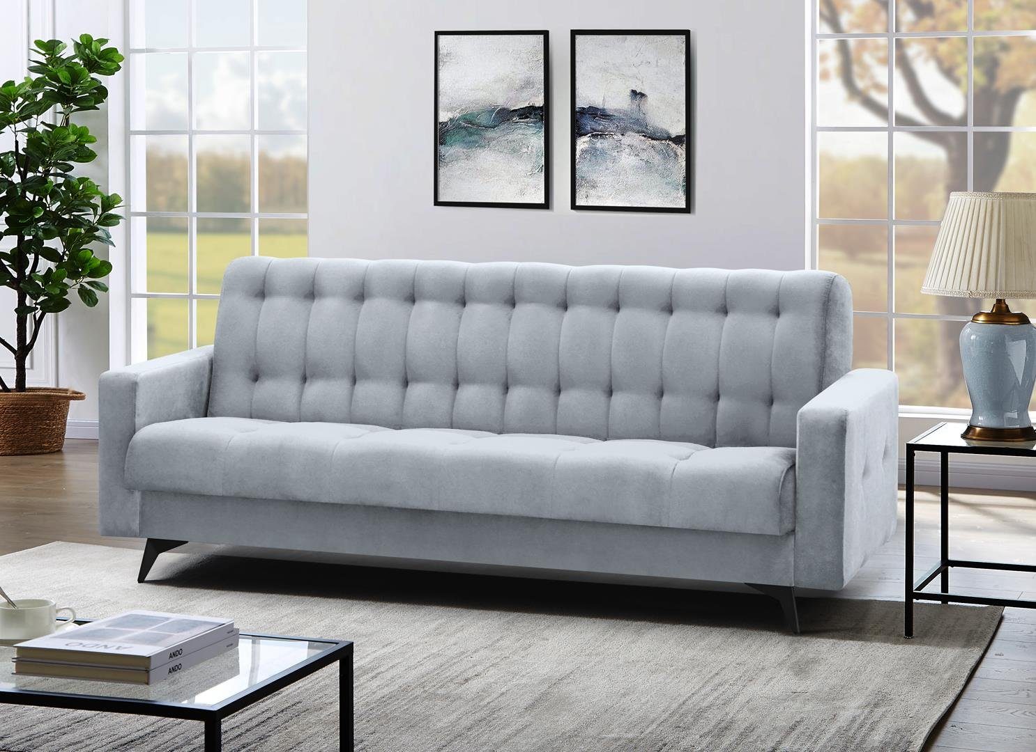 Beautysofa Schlafsofa GRETA BIS, Sofa Couch für Wohnzimmer, Schlaffunktion, Bettkasten, Velour, Polstersofa Hellgrau