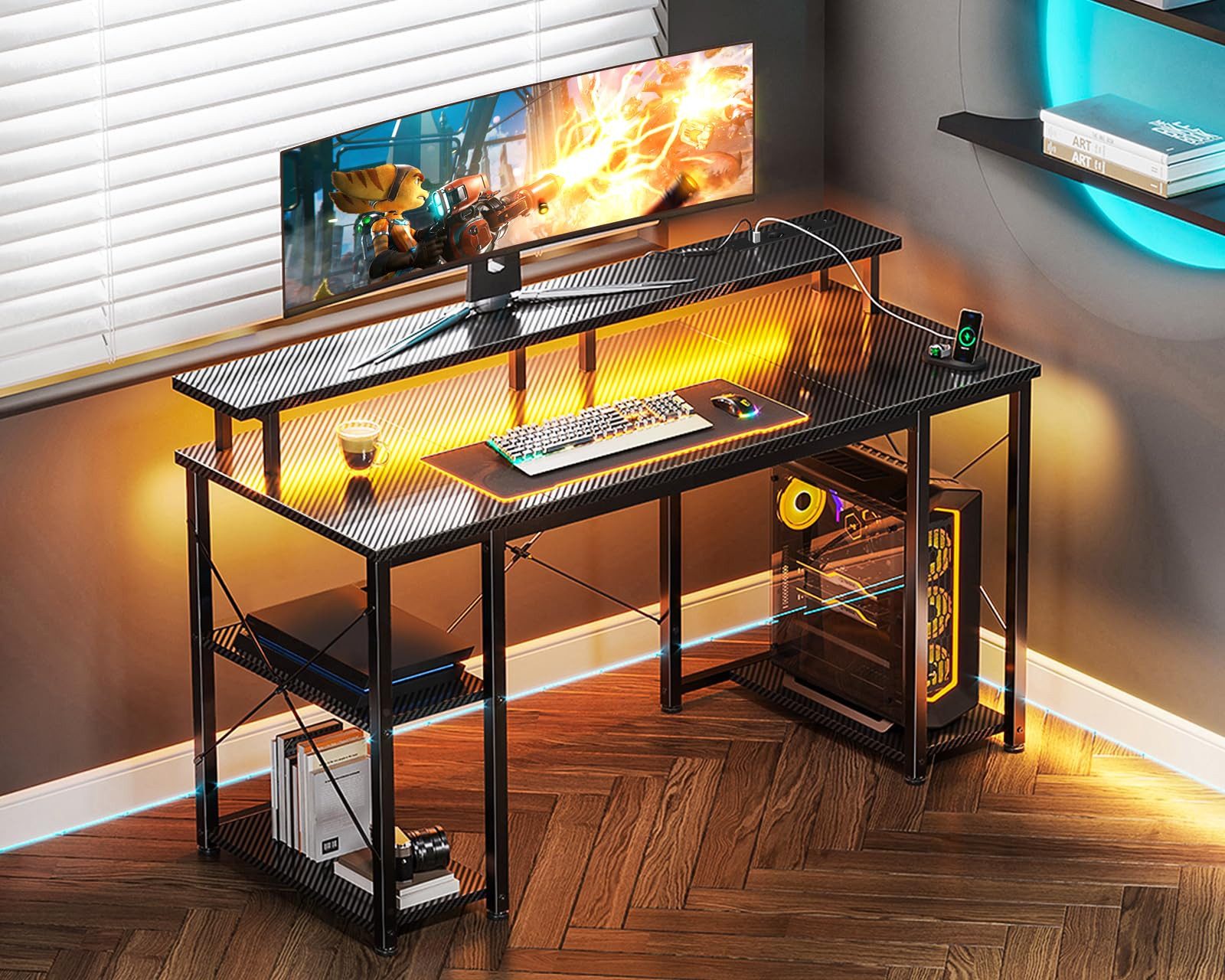 ODK Gamingtisch Computertisch mit integrierter Steckdose und LED-Beleuchtung (1-St), 120 cm in Schwarz für Gaming und Homeoffice