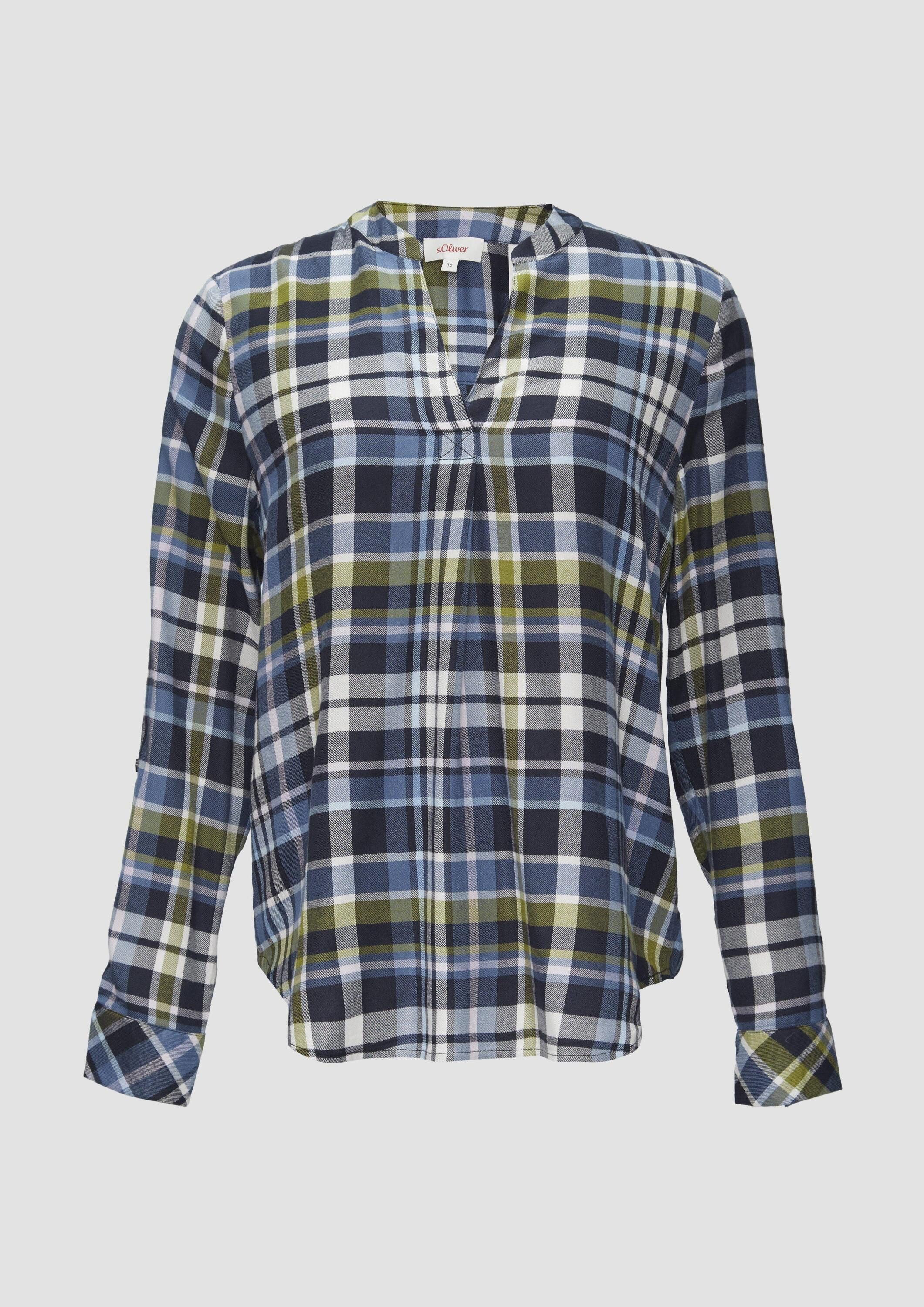 s.Oliver Langarmbluse Bluse Karierte Bluse aus Viskosemix und Krempel-Detail