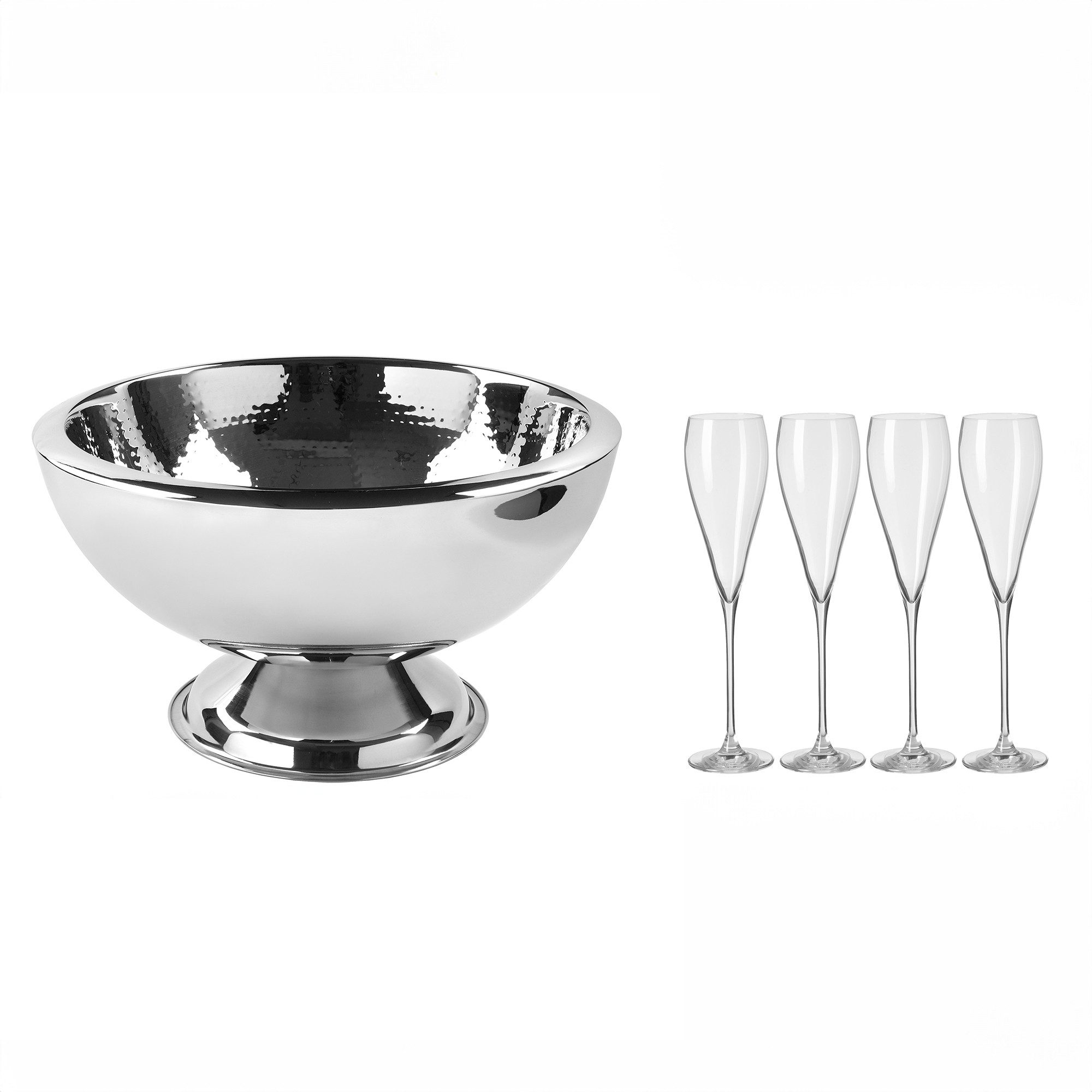 Fink Cocktail-Set KALAS - Punchbowl + 4erSet Champagnergläser - silber - Edelstahl/ Glas, (Barset bestehend aus Punchbowl und 4 Champagner-Gläsern, 2er Set), Geschenkset - Охладители для бутылок - Sektgläser - Bowl - Eiskübel Champagner