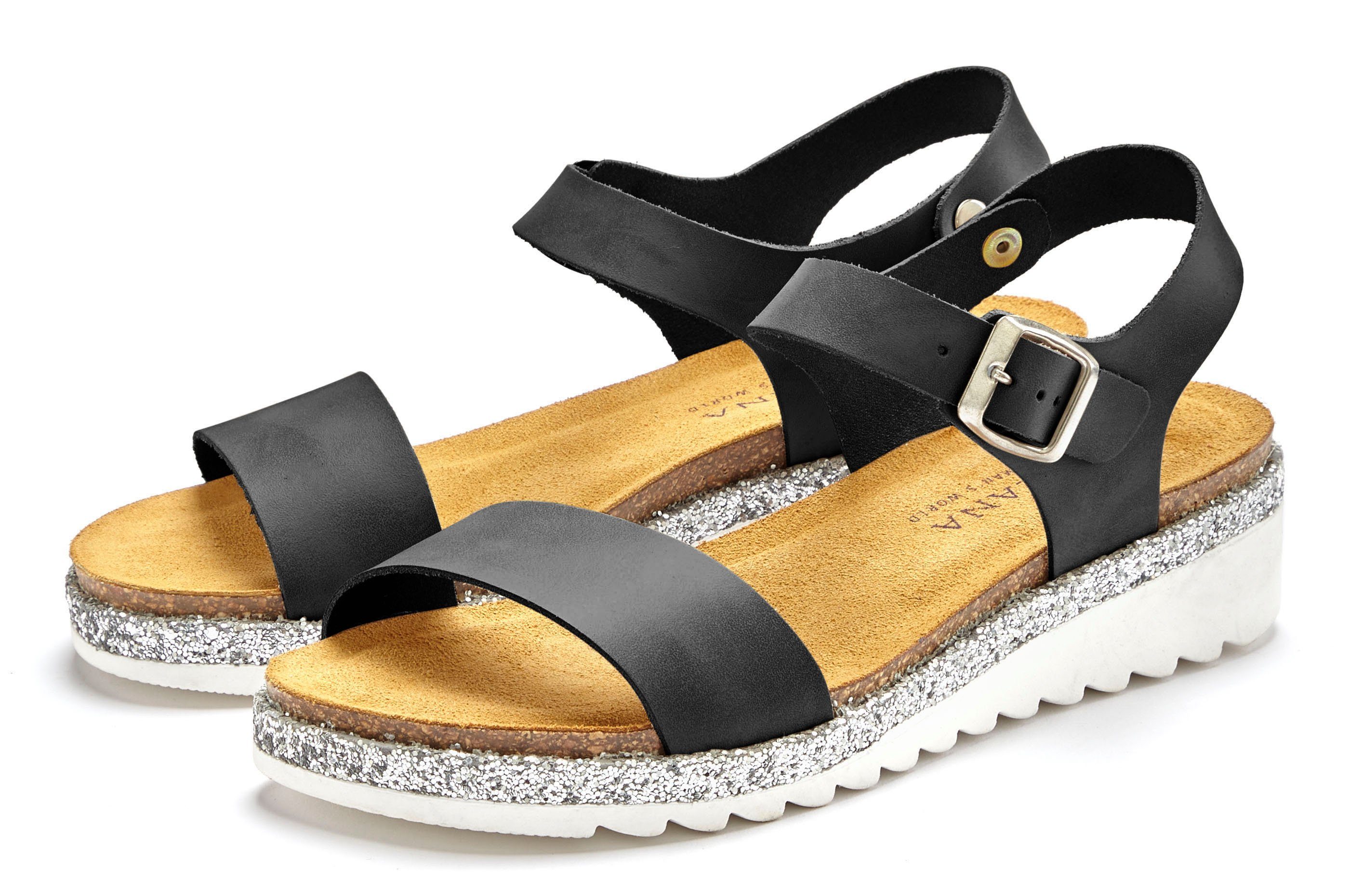 LASCANA Riemchensandalette Sandale, Sommerschuh aus Leder mit Korkfußbett und leichtem Keilabsatz schwarz