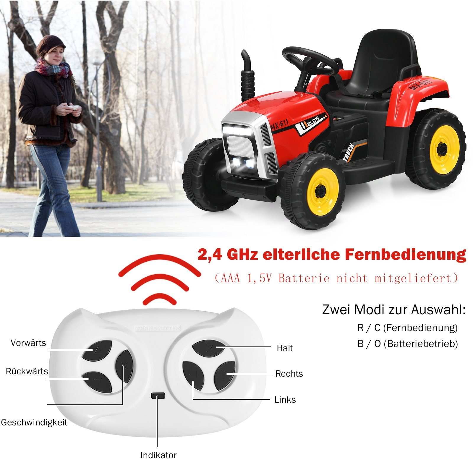 COSTWAY Elektro-Kindertraktor Aufsitztraktor, mit USB & abnehmbarem Anhänger