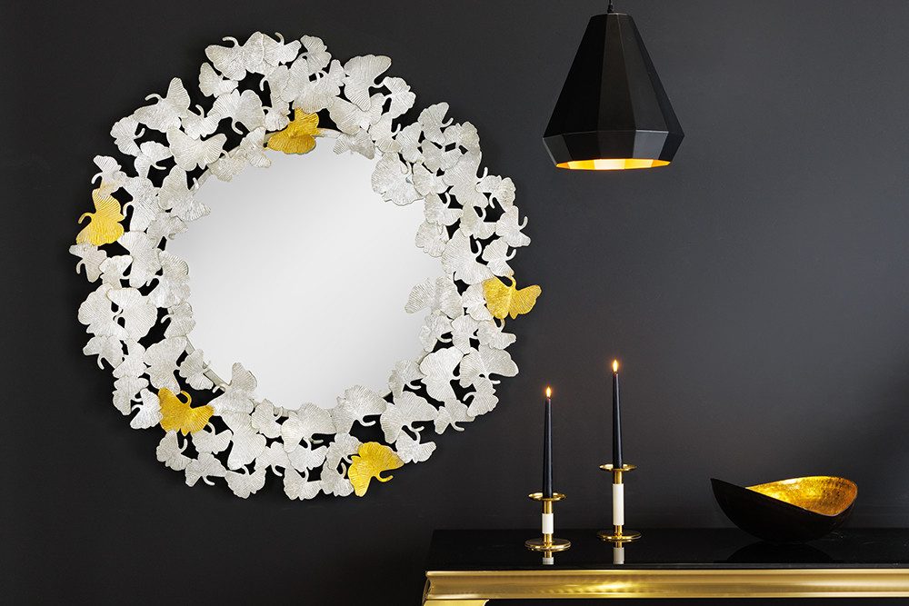 riess-ambiente Wandspiegel GINKGO LEAFS XL 90cm gold / silber (1-St), Wohnzimmer · Metall · rund · Dekoration · mit Rahmen · Handmade