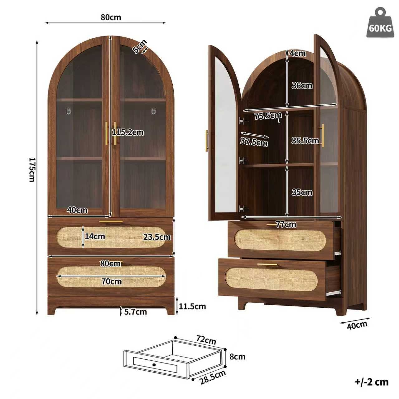 Flieks Vitrine Glasvitrine Montmartre-Bogen in Retro-Design Walnussholzfarbe/Natur (Mehrzweckschrank mit verstellbaren Einlegeböden, 2-St., H175xB80xT40cm) Hoch – Bild 4 von 5