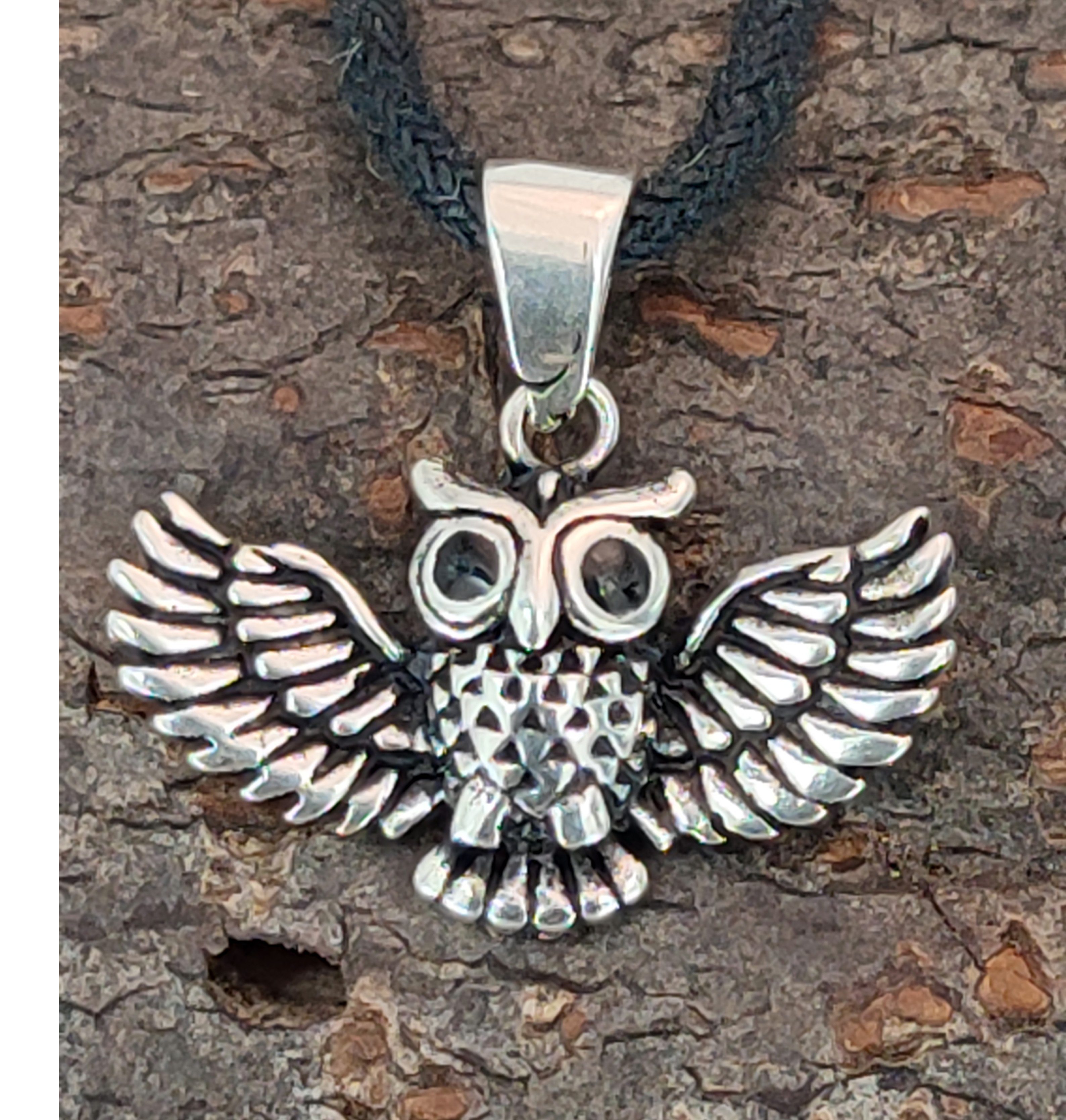 Augen Eule Flug Silber Uhu Sterling schwarze Kiss im 925 Leather of Kettenanhänger