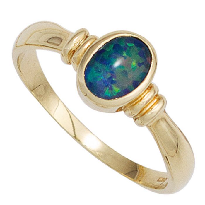 Schmuck Krone Fingerring Ring Damenring mit Opal oval blau-grün 585 Gold Gelbgold Goldring Opalring Gold 585