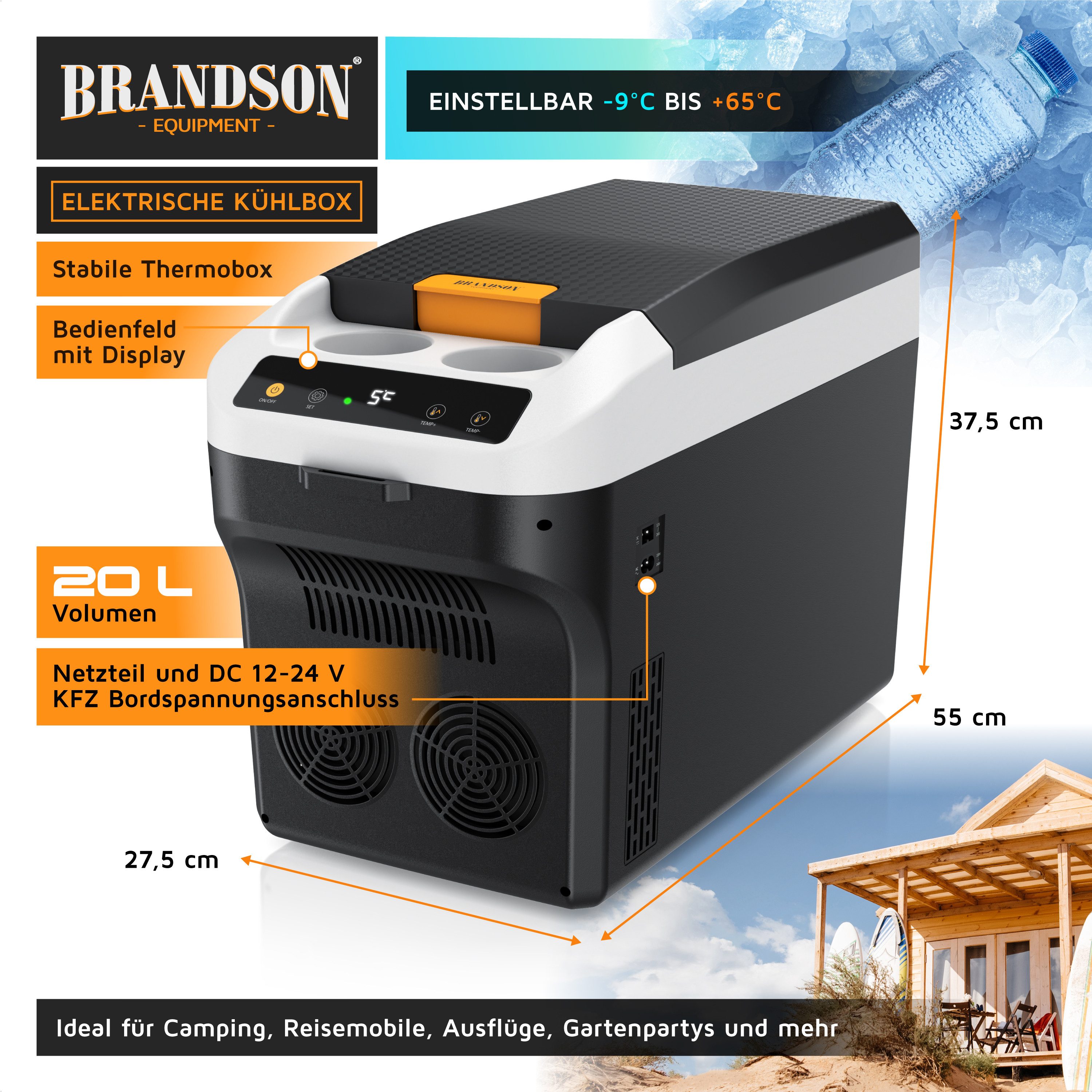 Brandson Elektrische Kühlbox 20 L, Kühlt & hält Warm, von max. -9 bis +65°C, für Mittelkonsole, 20 l, 230 V Netzspannung und 12 V KFZ Auto Bordspannung, mit Getränkehalter