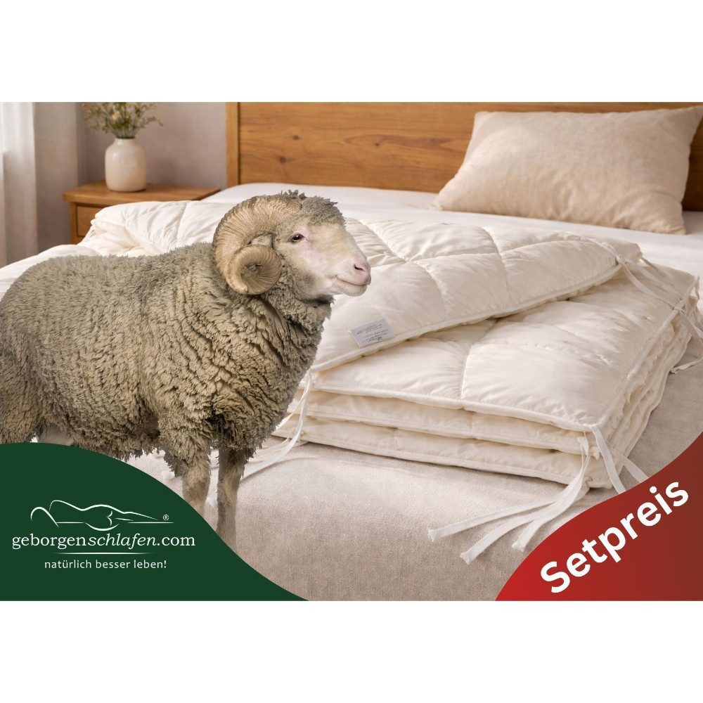 geborgenschlafen Naturhaarbettdecke Schafwolle 4 Jahreszeiten Set - Bio-Baumwolle, atmungsaktiv, Füllung: Schafwolle / Merino-Schafschurwolle, Bezug: 100 % Bio-Baumwolle, Naturdecke Schafwolle Winter & Sommer Komfortable 135x200cm/155x200 cm