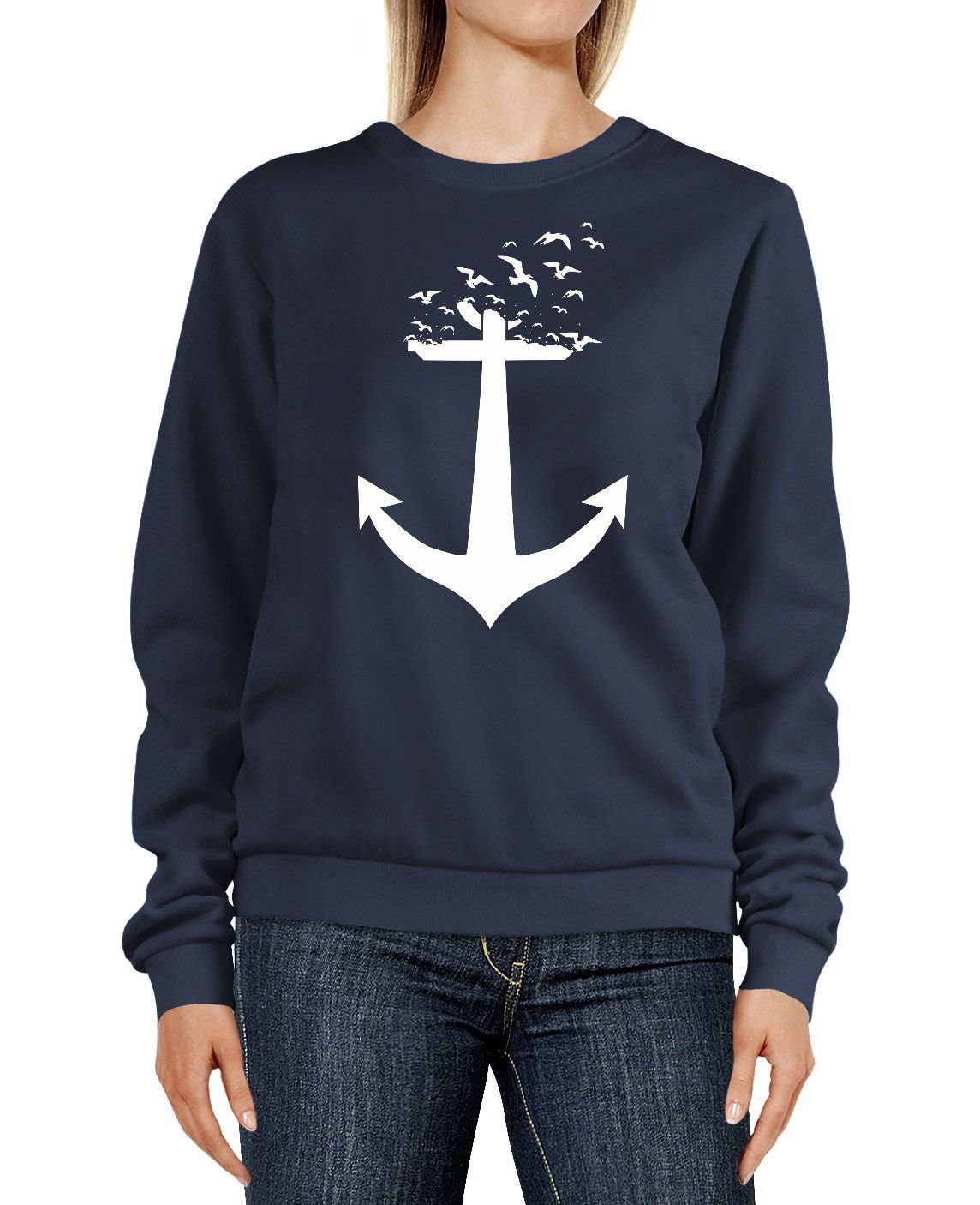 Neverless Sweatshirt Sweatshirt Damen Print Aufdruck Trend Anker Vögel Rundhals-Pullover Pulli Sweater Neverless® navy
