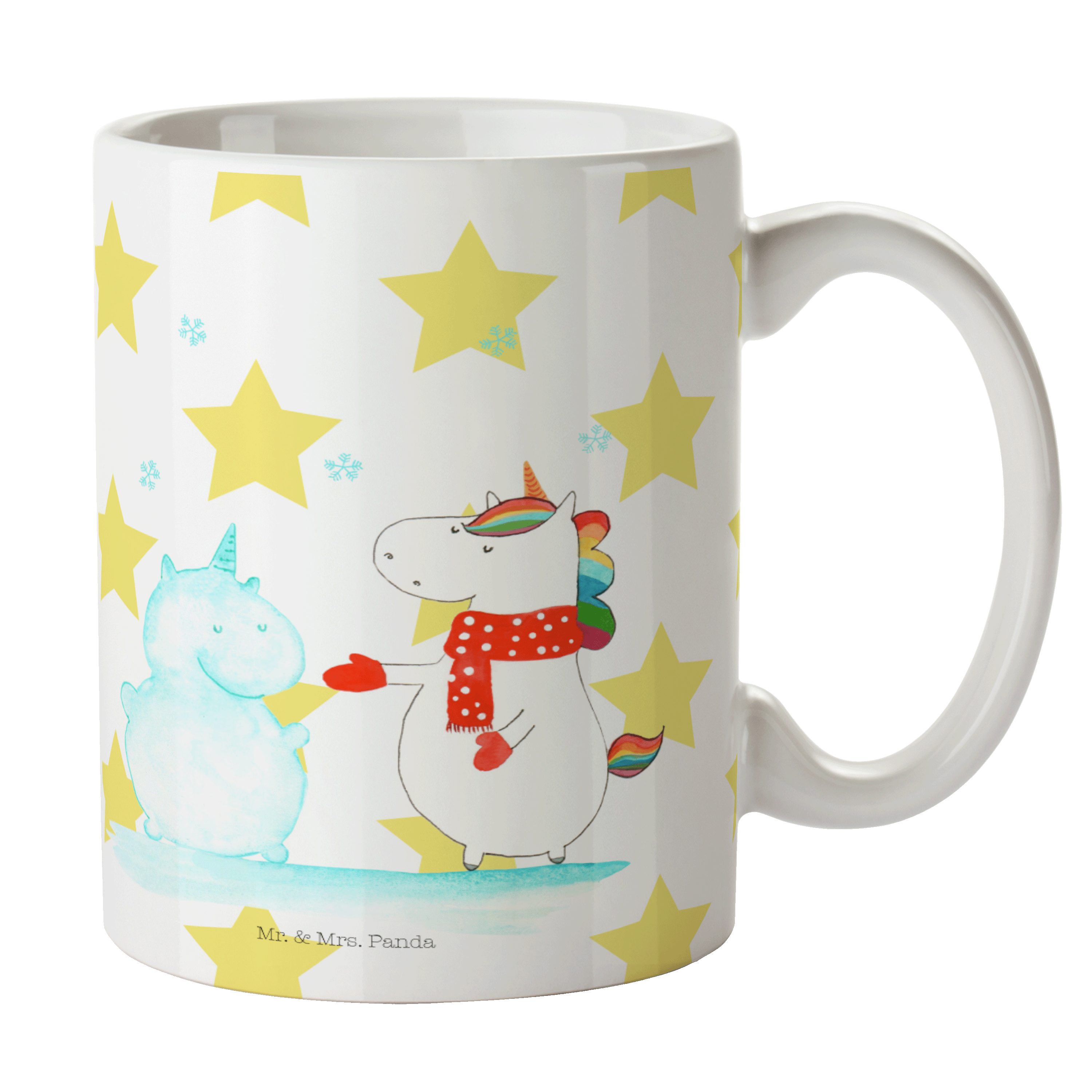 Mr. & Mrs. Panda Tasse Einhorn Schneemann - Weiß - Geschenk, Unicorn, Mütze, Tasse Sprüche, Keramik