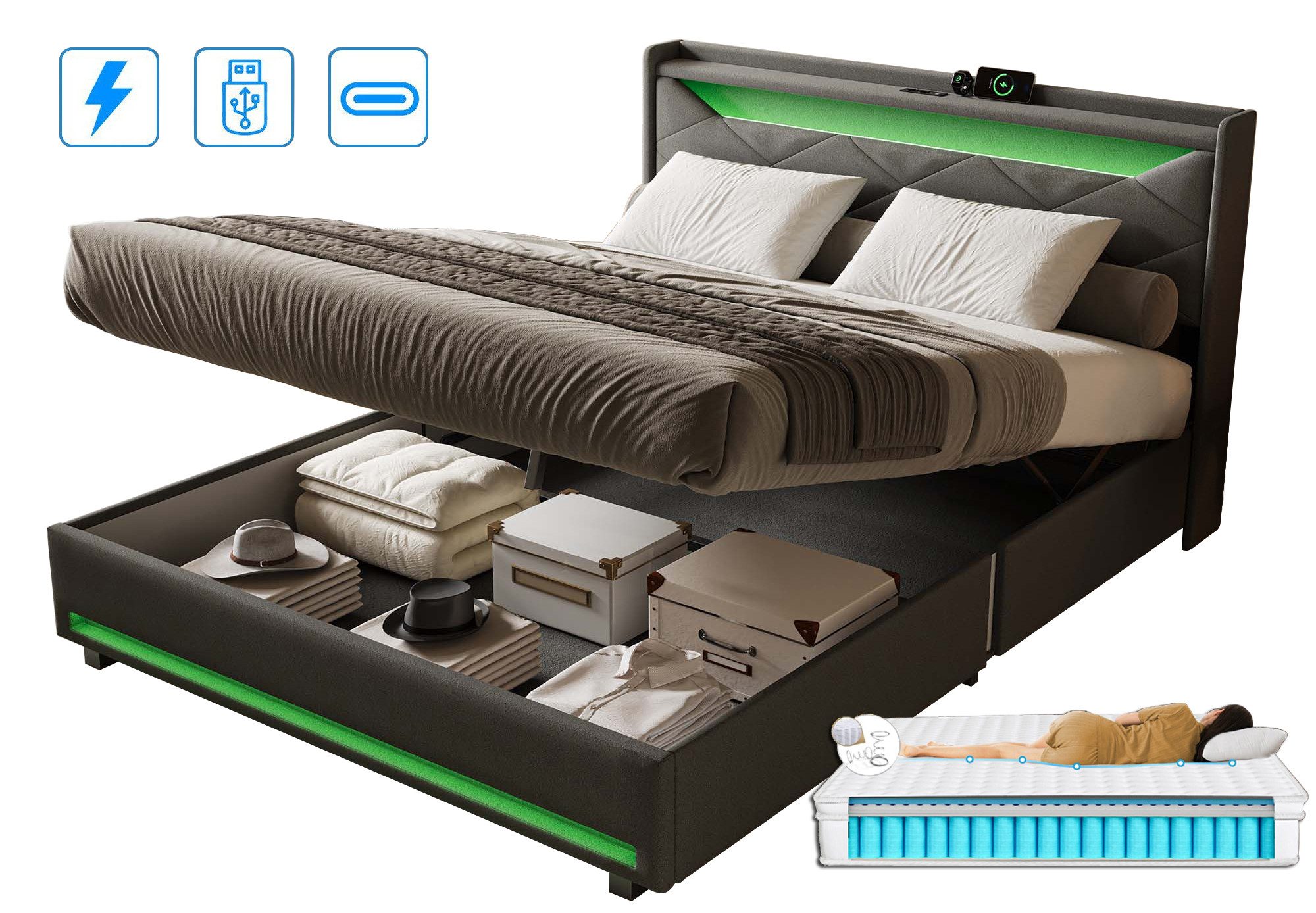FUROKOY Polsterbett Doppelbett Stauraumbett mit USB+Type günstig online kaufen